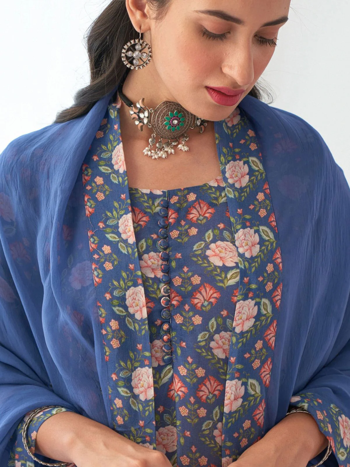 Odette Blue Muslin Printed Stitched Kurta Set For Women - Image 5