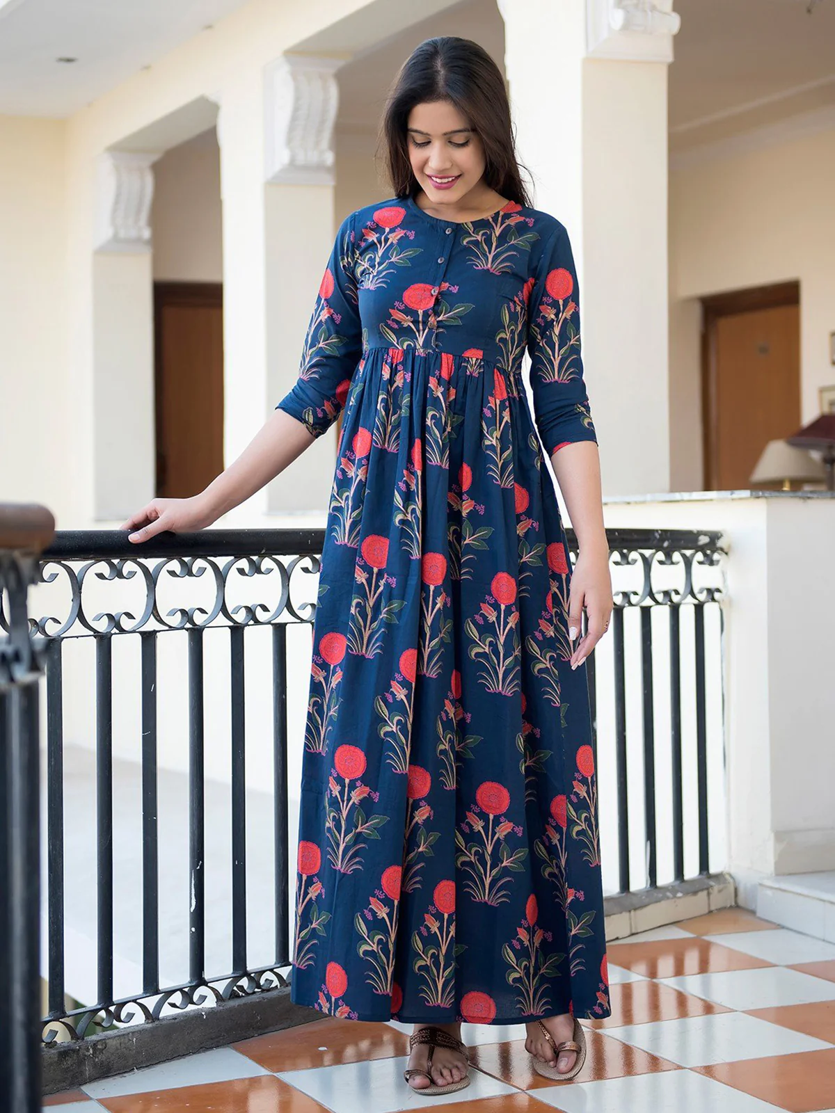 Odette Blue Muslin Stitched Gown For Women - Image 2