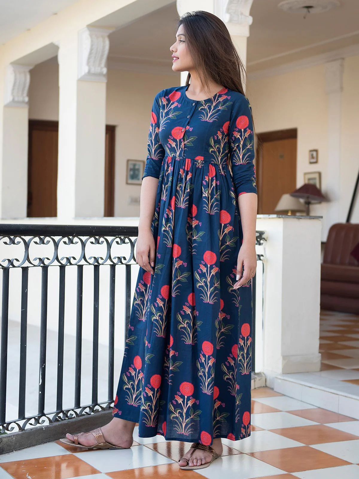 Odette Blue Muslin Stitched Gown For Women - Image 3