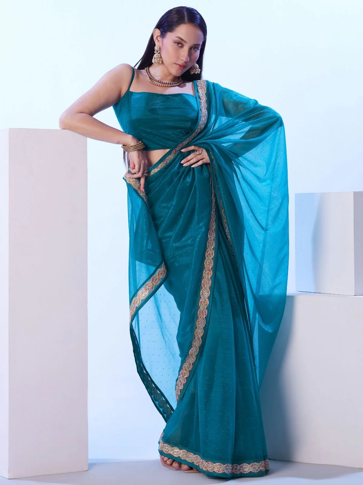 Odette Blue Net Embellished Lace Work Saree With Unstitched Blouse For Women - Image 2