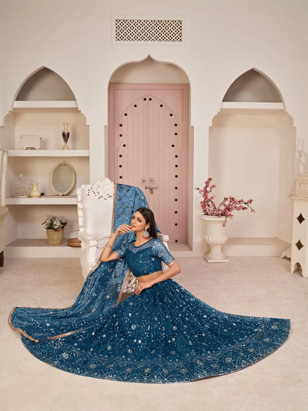 Odette Blue Net Embroidered Semi Stitched Lehenga For Women - Image 4