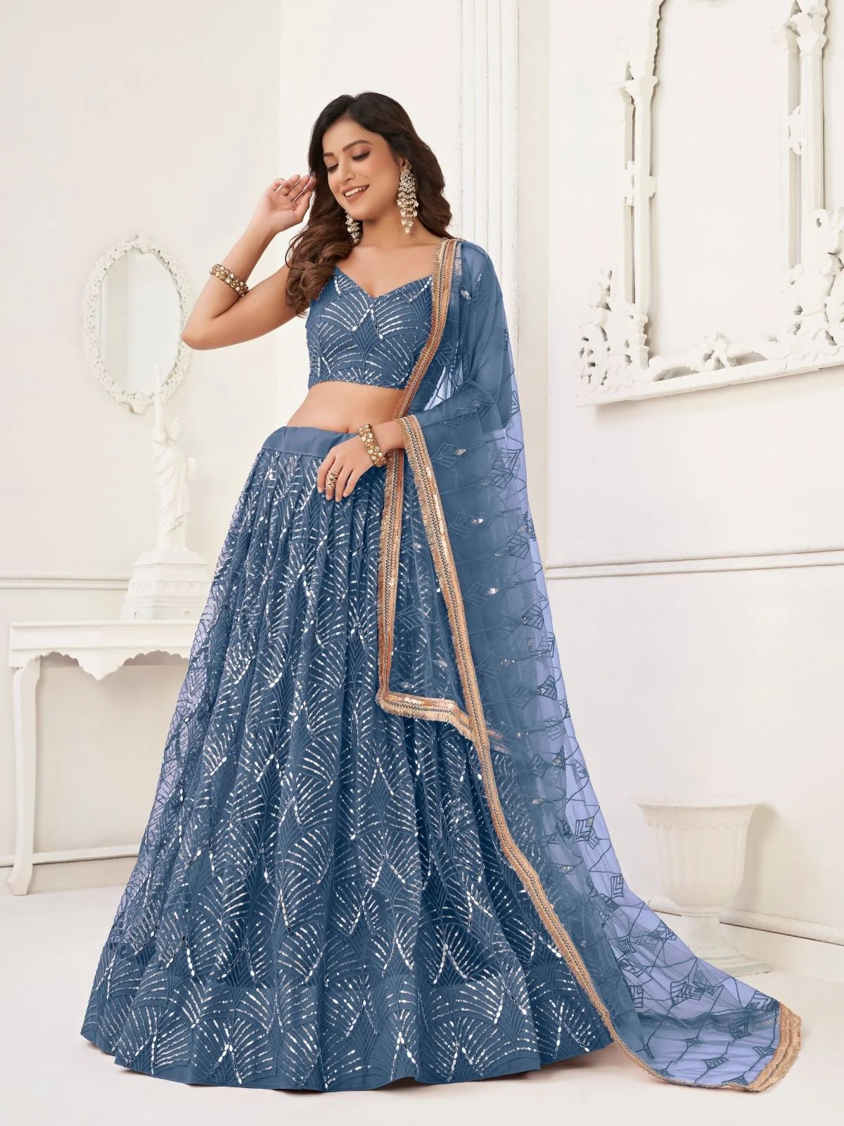 Odette Blue Net Embroidered Semi Stitched Lehenga For Women - Image 2
