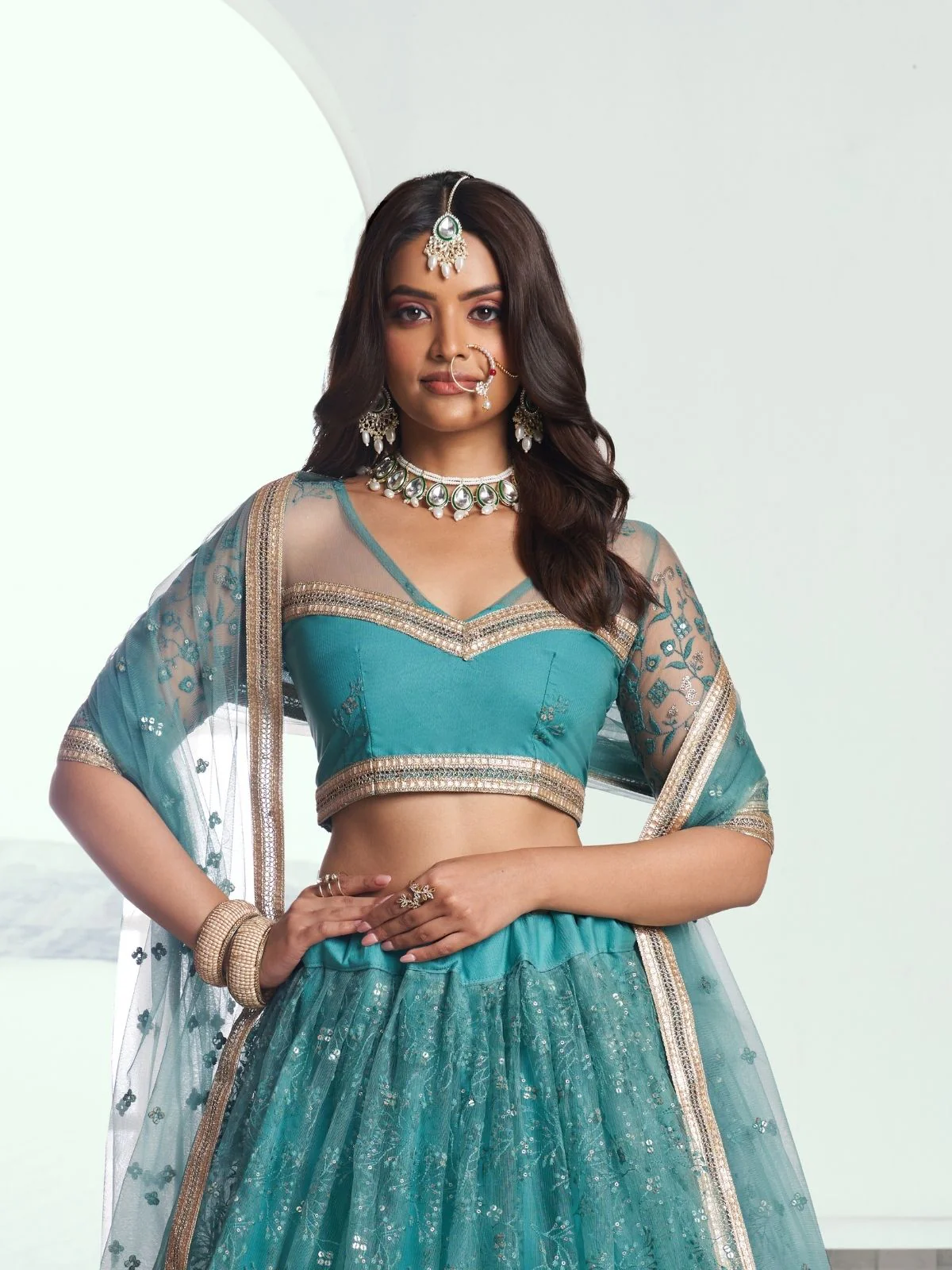 Odette Blue Net Embroidered Semi Stitched Lehenga For Women - Image 2