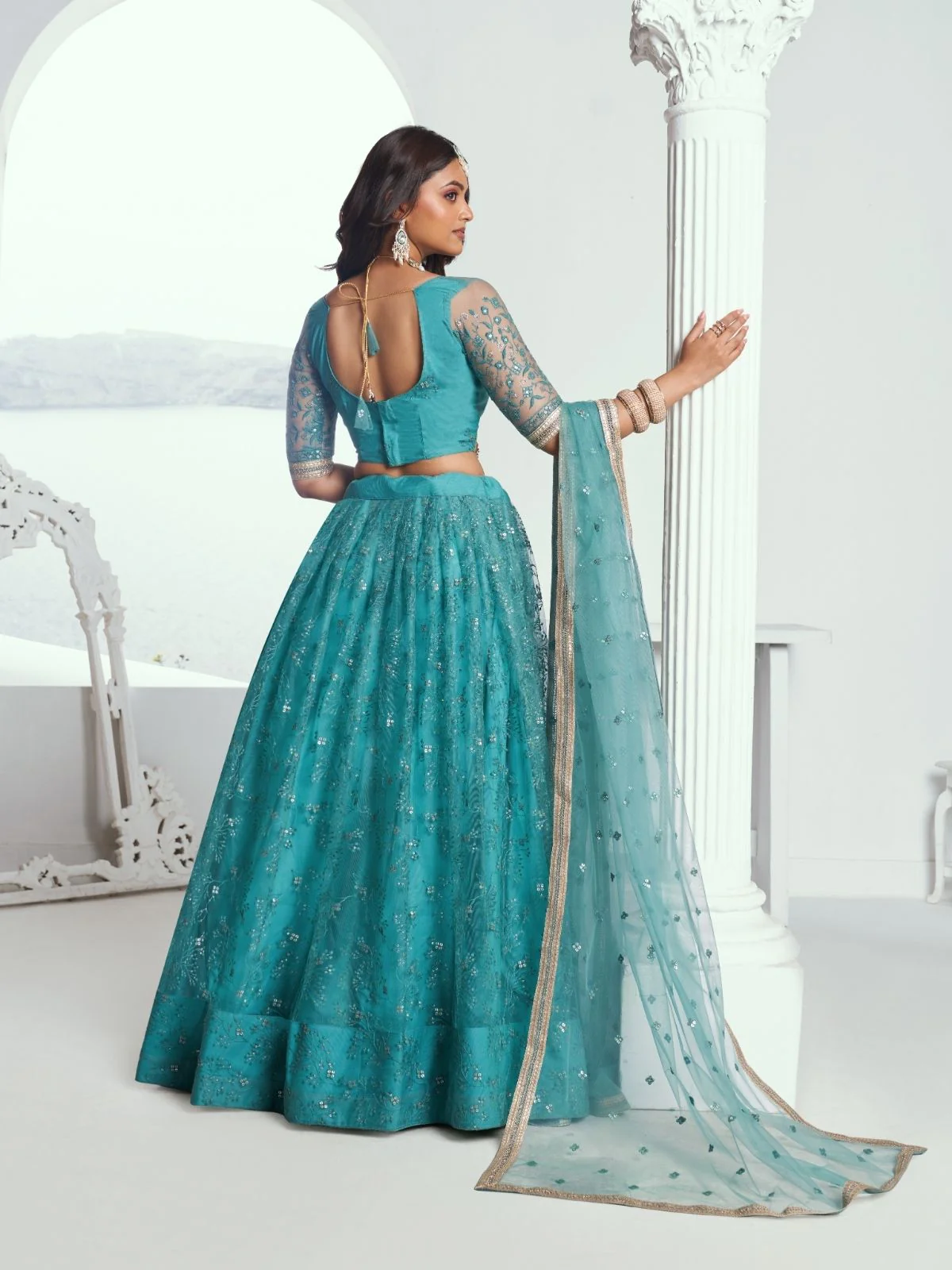 Odette Blue Net Embroidered Semi Stitched Lehenga For Women - Image 3