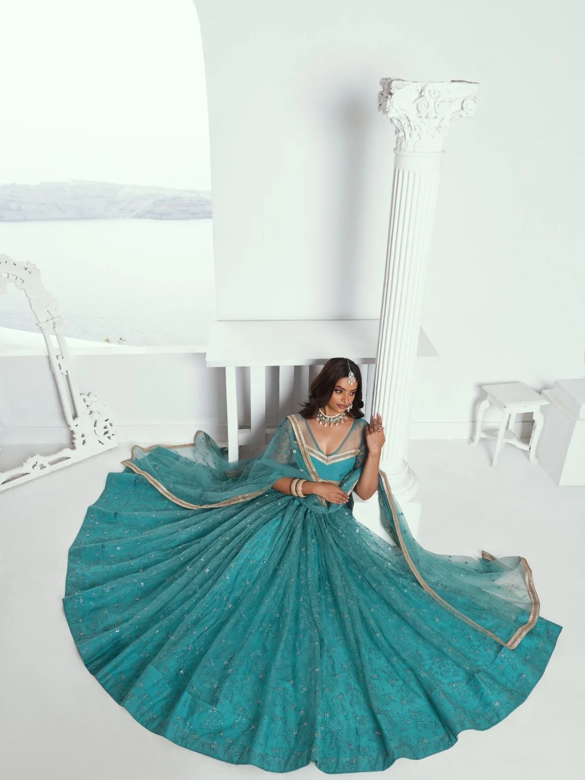 Odette Blue Net Embroidered Semi Stitched Lehenga For Women - Image 4