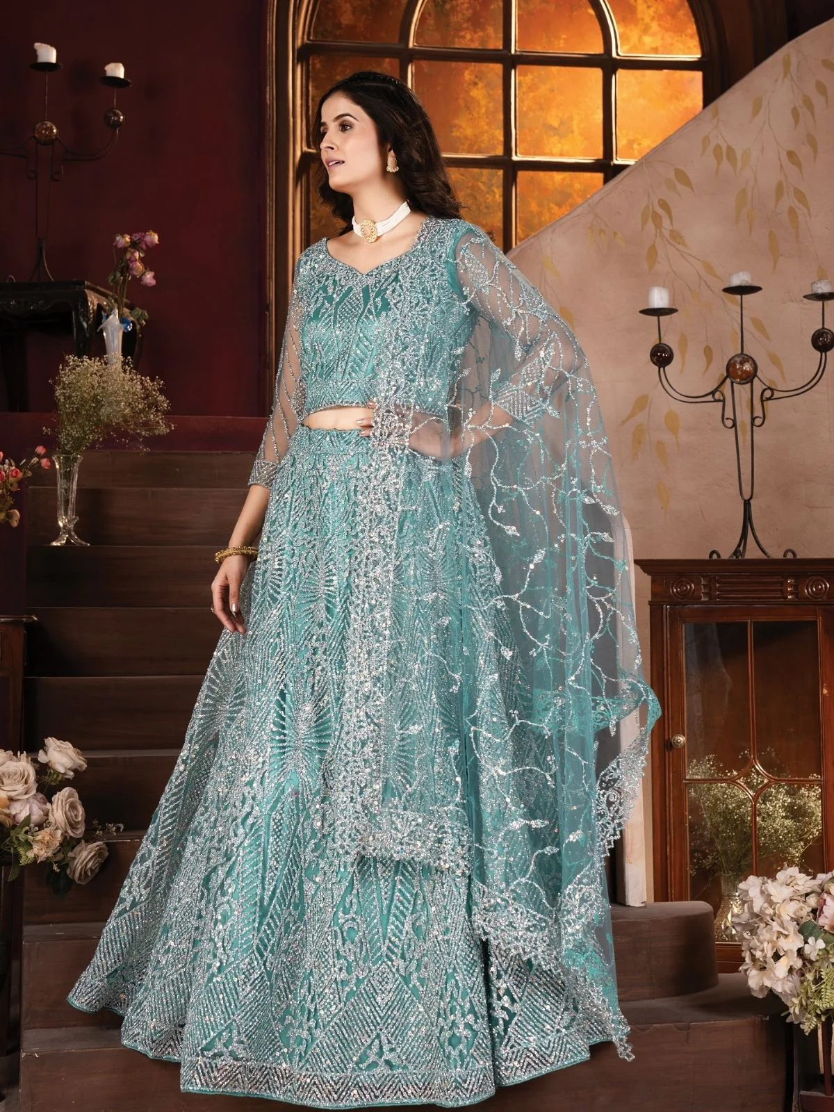 Odette Blue Net Embroidered Semi-Stitched lehenga For Women - Image 4