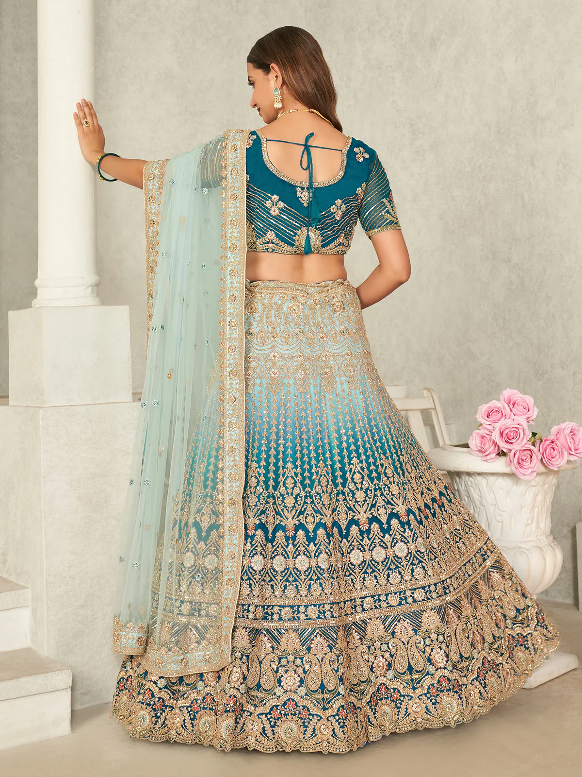 Odette Blue Net Embroidered Semi Stitched Lehenga With Unstitched Blouse for Women - Image 3