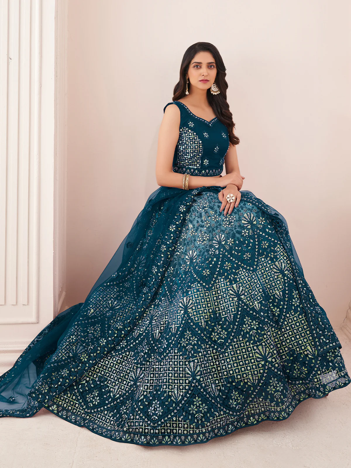 Odette Blue Net Embroidered Semi Stitched Lehenga With Unstitched Blouse for Women - Image 2