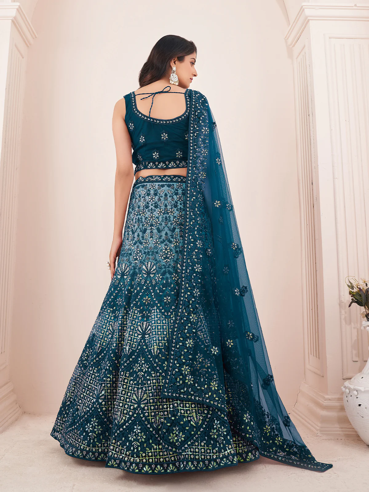 Odette Blue Net Embroidered Semi Stitched Lehenga With Unstitched Blouse for Women - Image 3