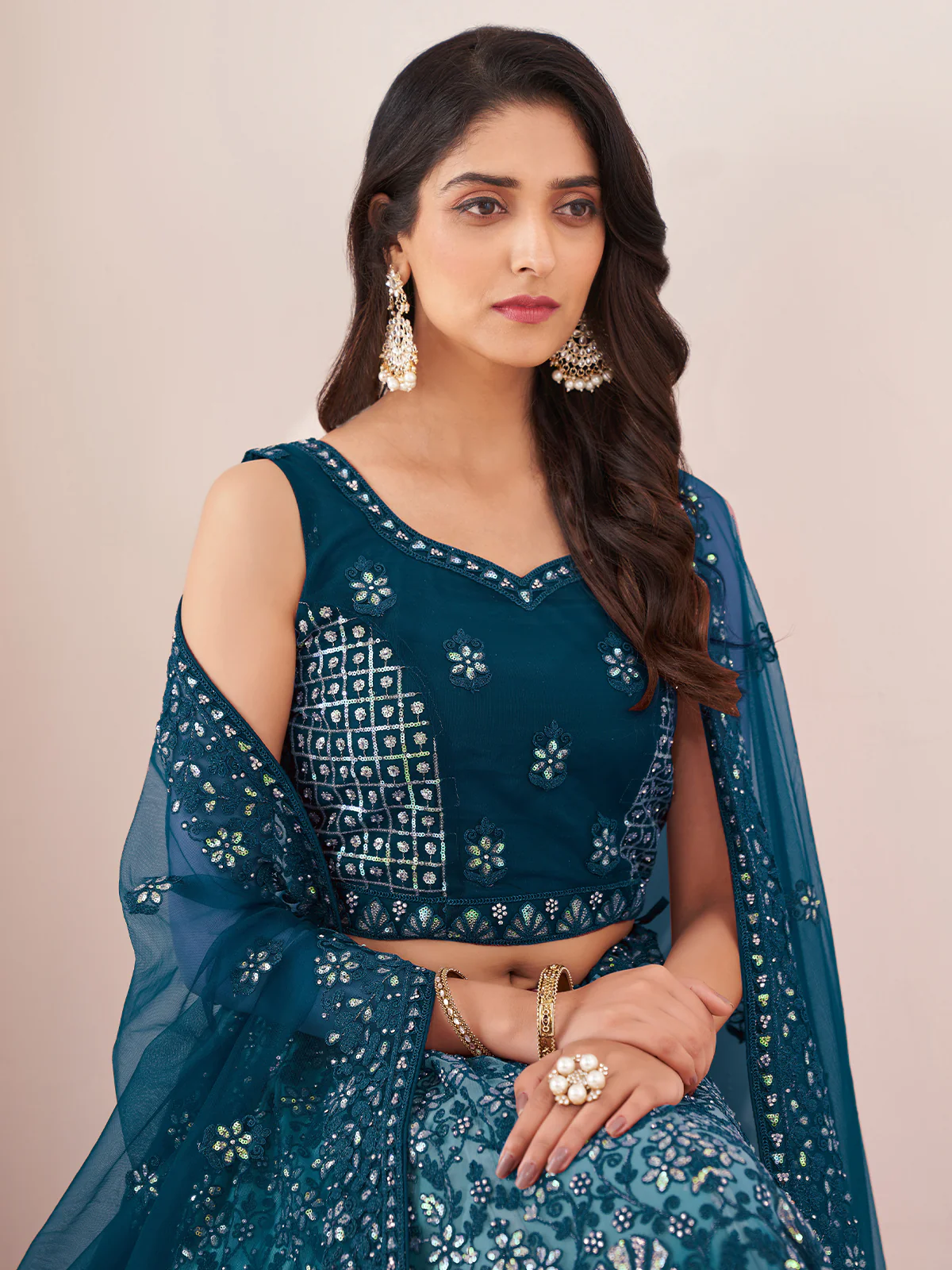 Odette Blue Net Embroidered Semi Stitched Lehenga With Unstitched Blouse for Women - Image 4