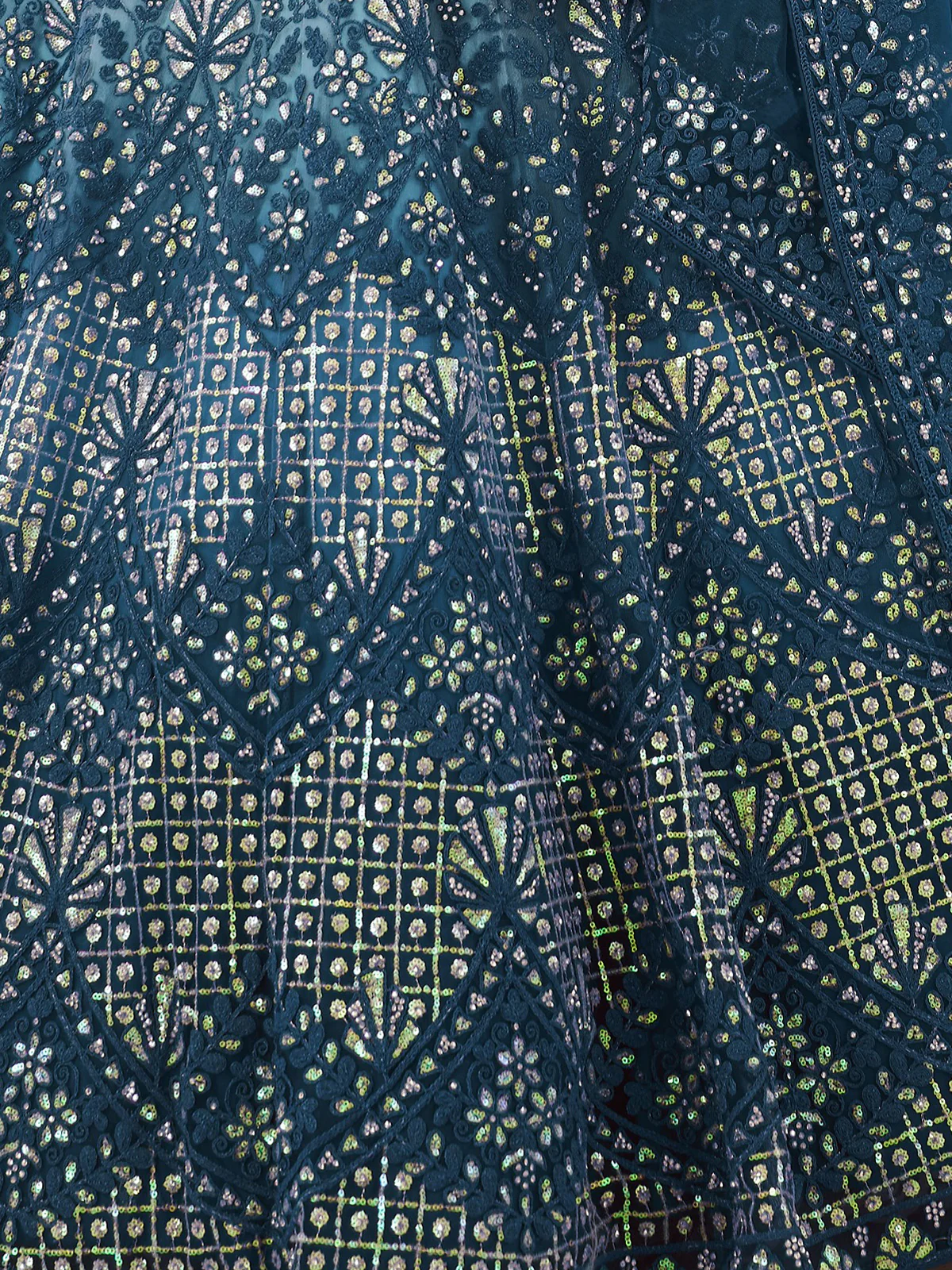 Odette Blue Net Embroidered Semi Stitched Lehenga With Unstitched Blouse for Women - Image 5