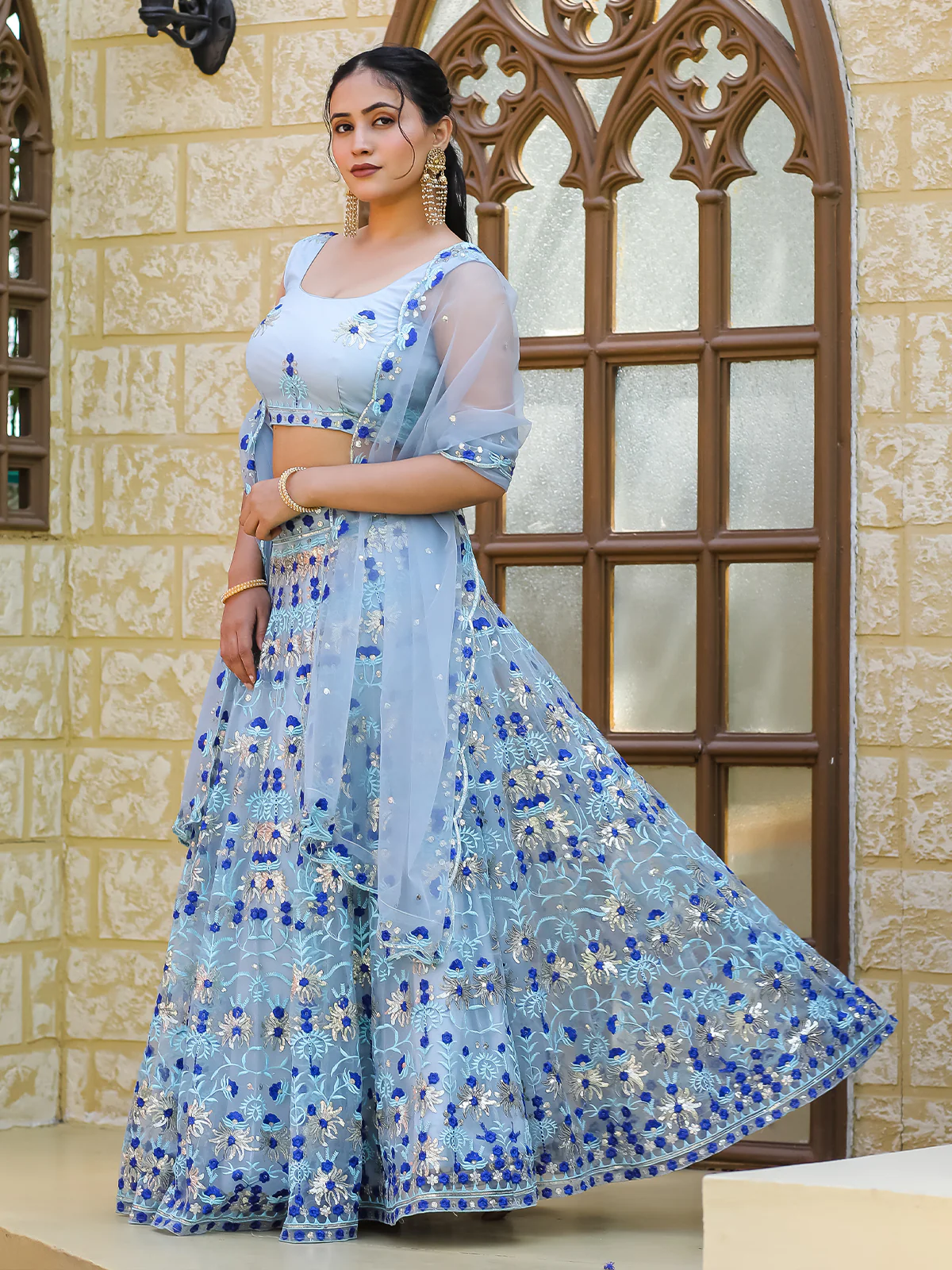 Odette Blue Net Embroidered Semi Stitched Lehenga With Unstitched Blouse For Women - Image 2