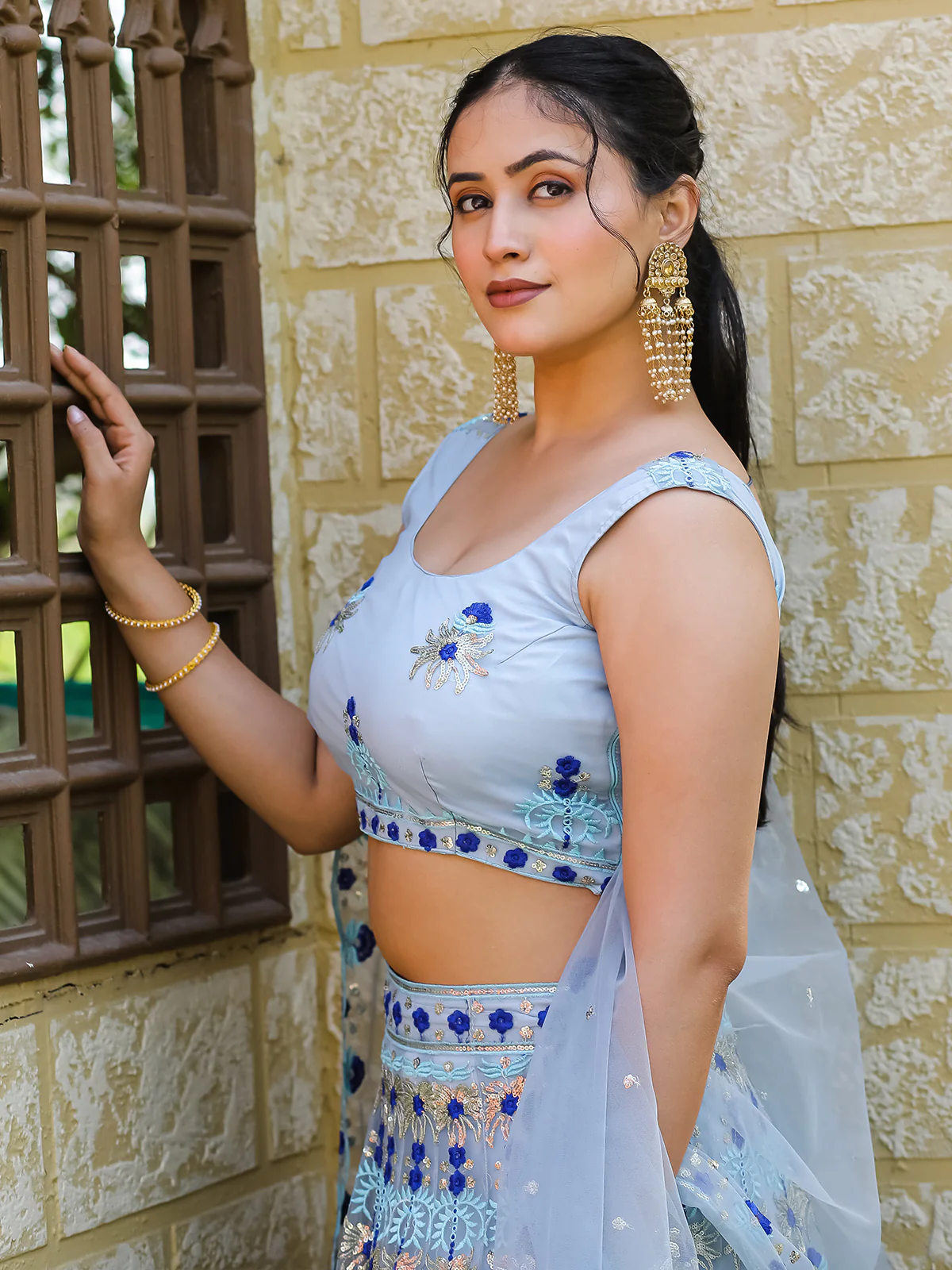 Odette Blue Net Embroidered Semi Stitched Lehenga With Unstitched Blouse For Women - Image 6