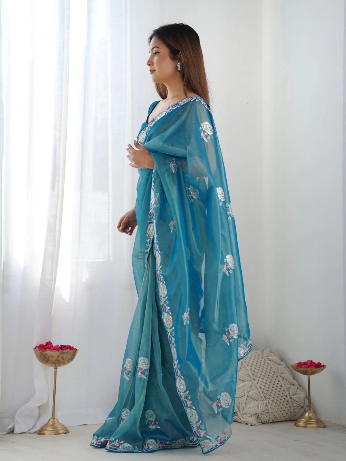 Odette Blue Net Sequins Embroidered Saree With Unstitched Blouse For Women - Image 3