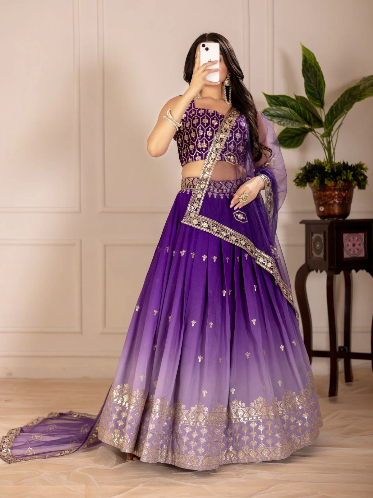Odette Blue Ombre Silk Blend Embroidered Semi-Stitched lehenga For Women