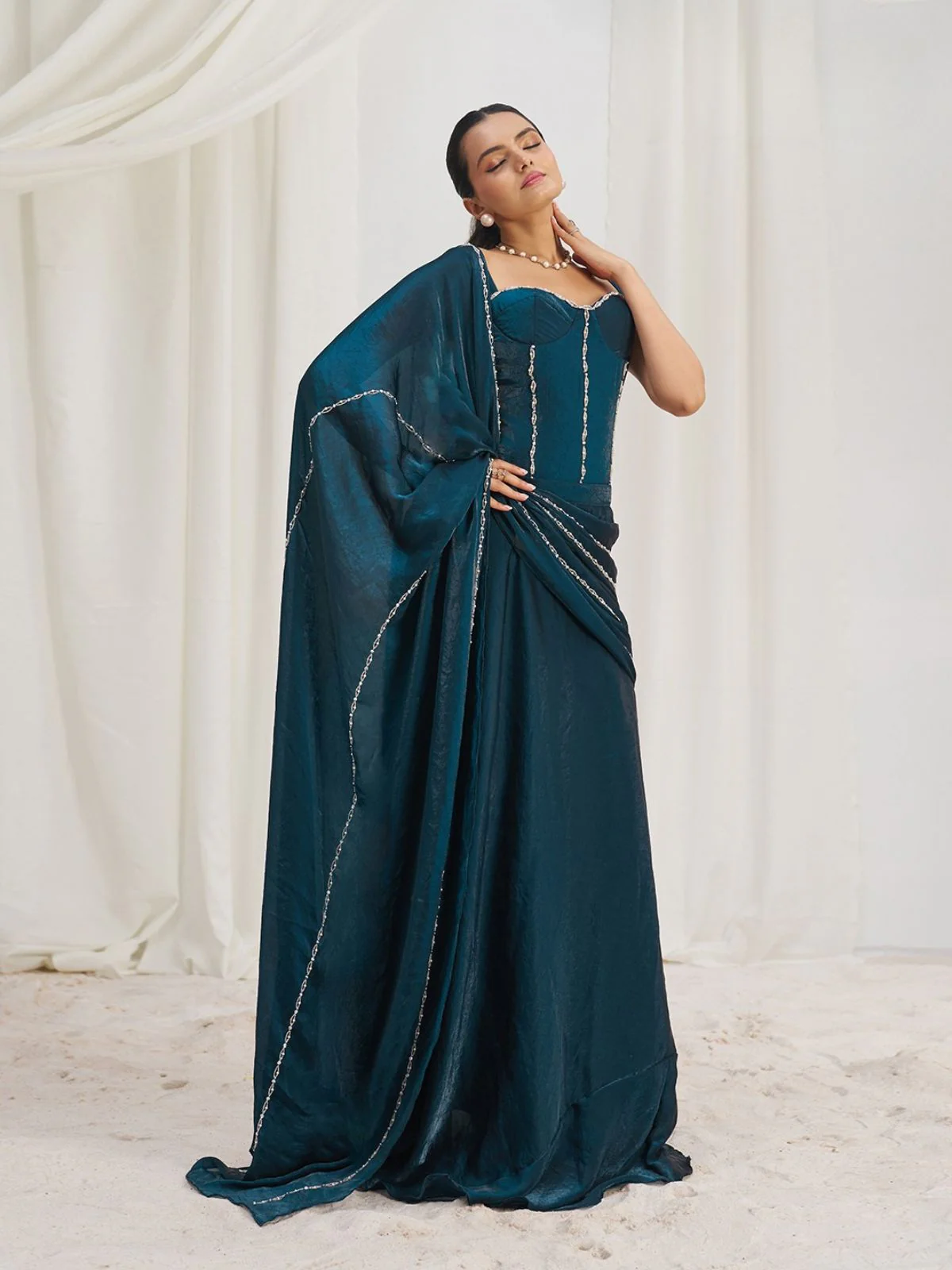Odette Blue Organza Embellished Ready To Wear Saree With Stitched Blouse For Women - Image 2