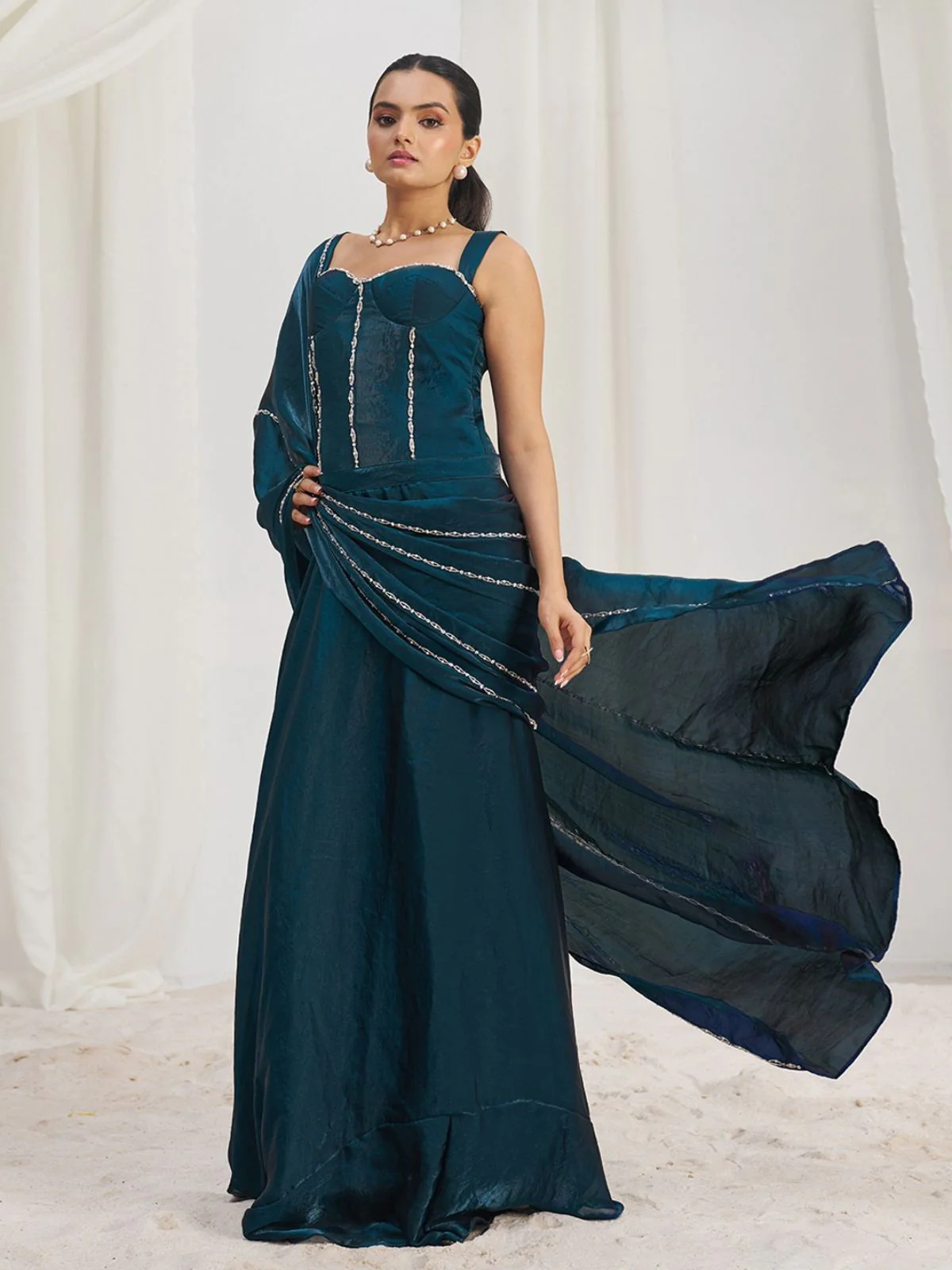 Odette Blue Organza Embellished Ready To Wear Saree With Stitched Blouse For Women - Image 3
