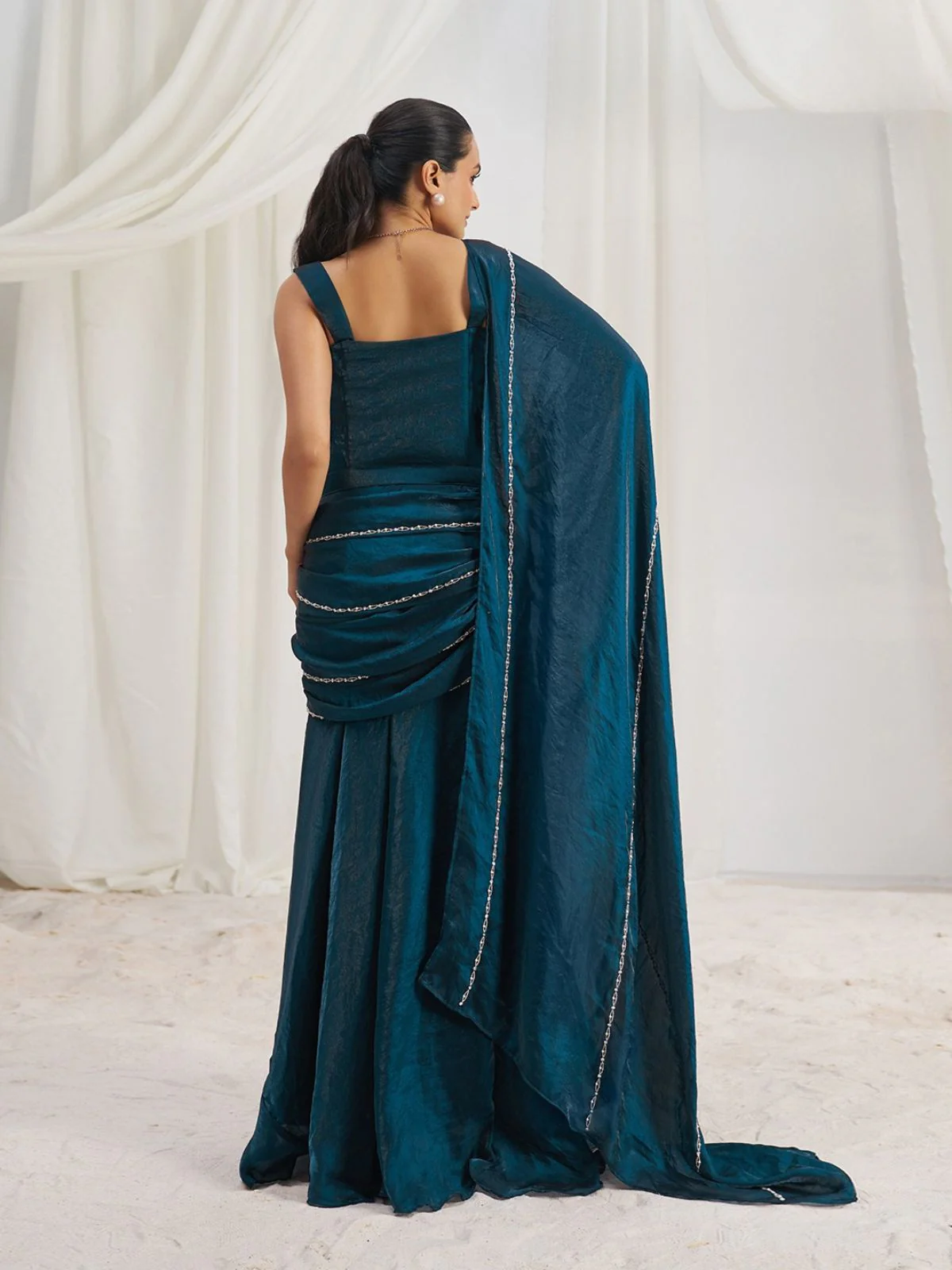 Odette Blue Organza Embellished Ready To Wear Saree With Stitched Blouse For Women - Image 4