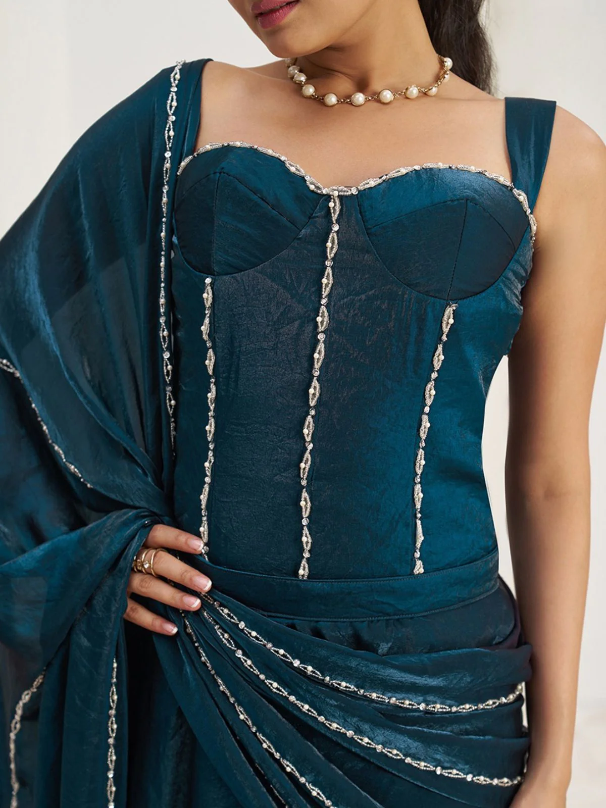 Odette Blue Organza Embellished Ready To Wear Saree With Stitched Blouse For Women - Image 7