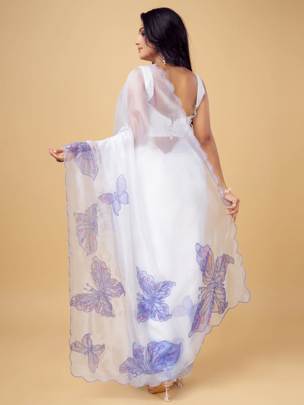 Odette White and Blue Organza Printed Saree With Unstitched Blouse For Women - Image 3