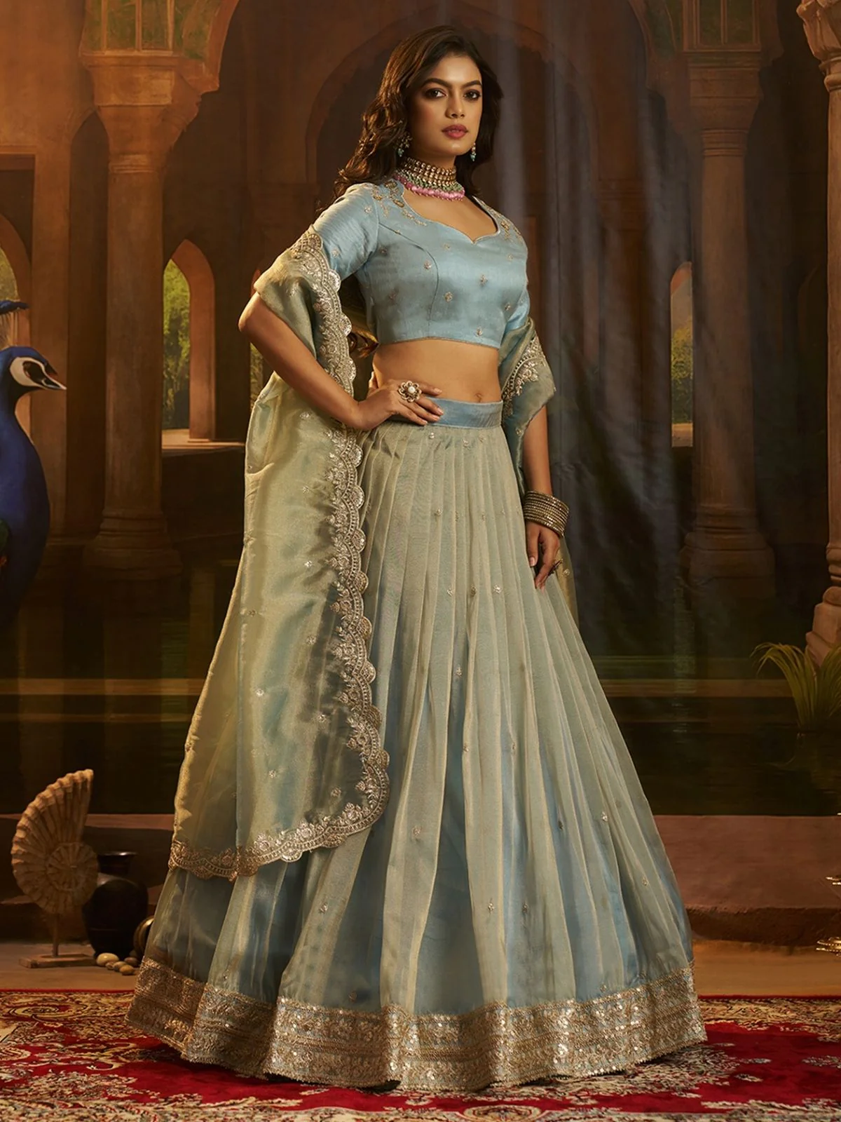Odette Blue Organza Embroidered Lehenga For Women - Image 2