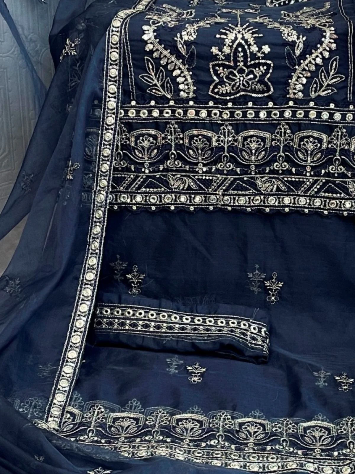 Odette Blue Organza Embroidered Semi-Sitched Kurta Set For Women - Image 3