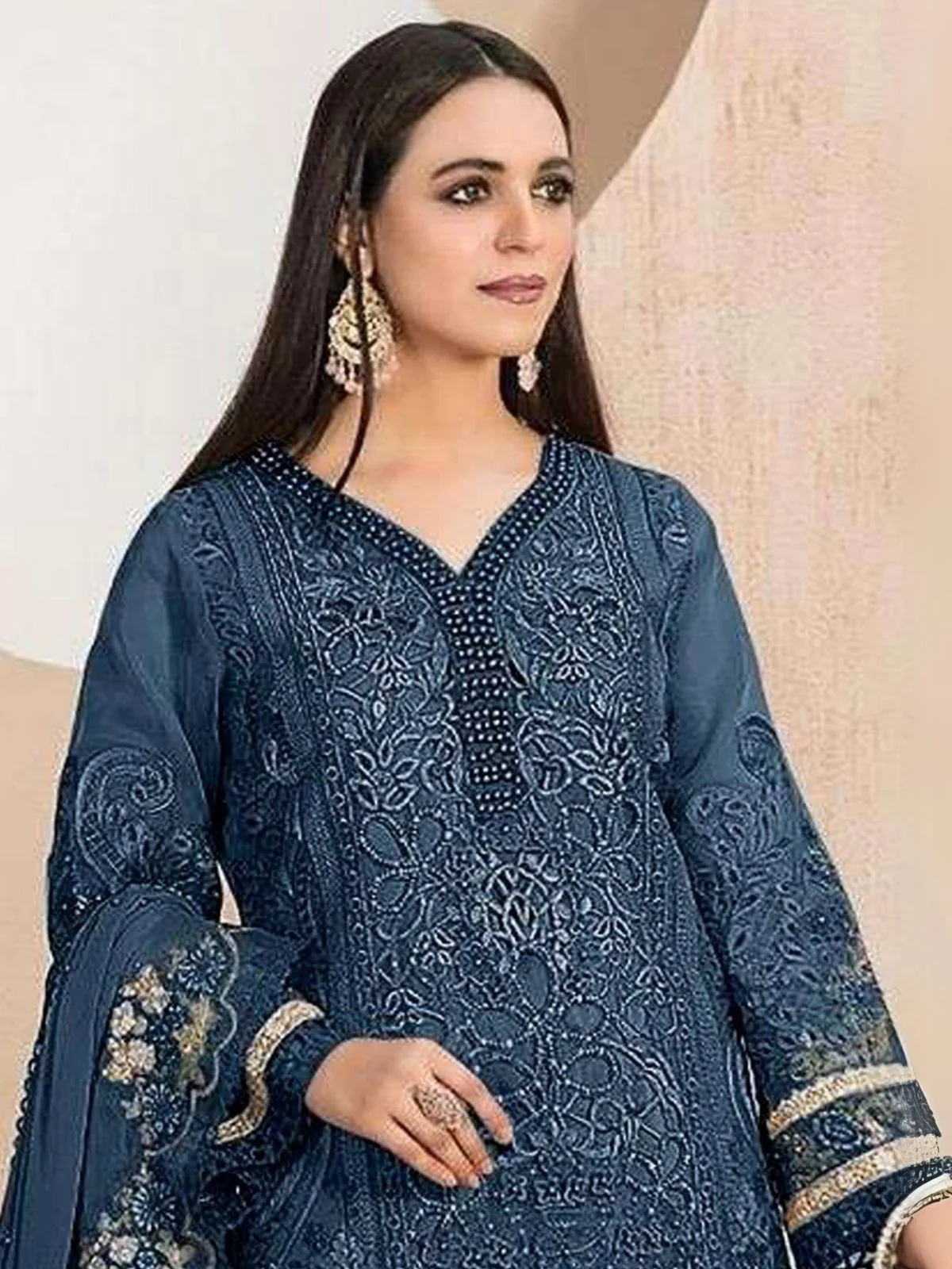 Odette Blue Organza Embroidered Semi-Stitched Kurta Set For Women - Image 2