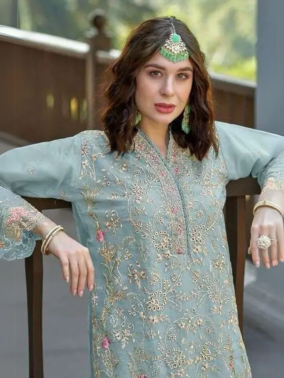 Odette Blue Organza Embroidered Semi-Stitched Kurta Set For Women - Image 2