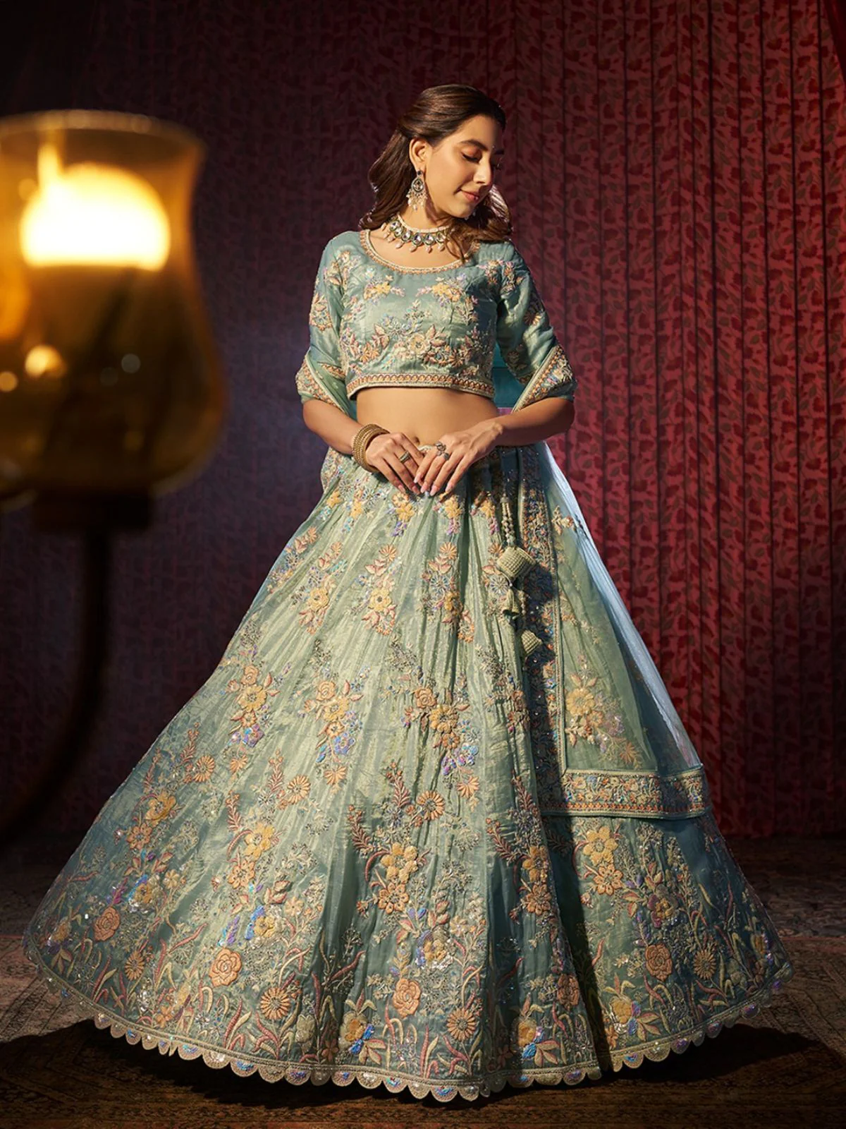 Odette Blue Organza Embroidered Semi-Stitched Lehenga For Women - Image 2