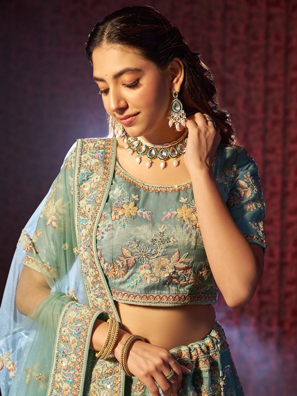 Odette Blue Organza Embroidered Semi-Stitched Lehenga For Women - Image 3