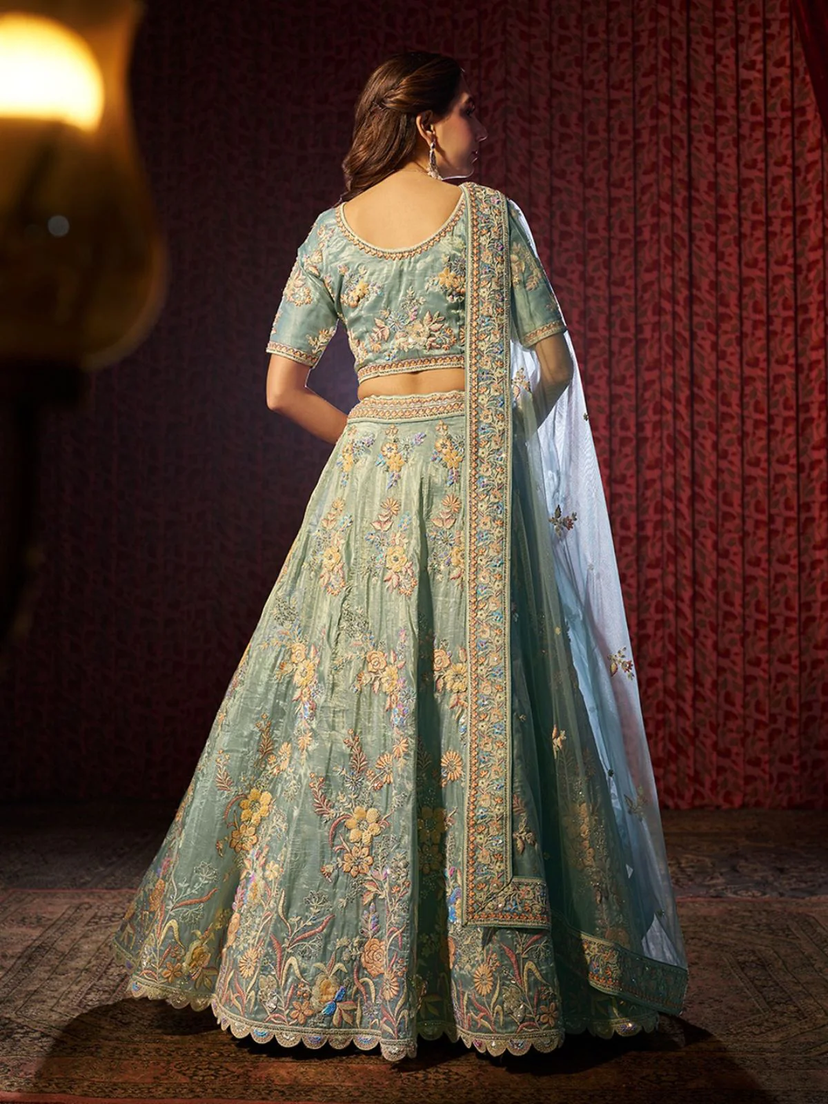 Odette Blue Organza Embroidered Semi-Stitched Lehenga For Women - Image 4