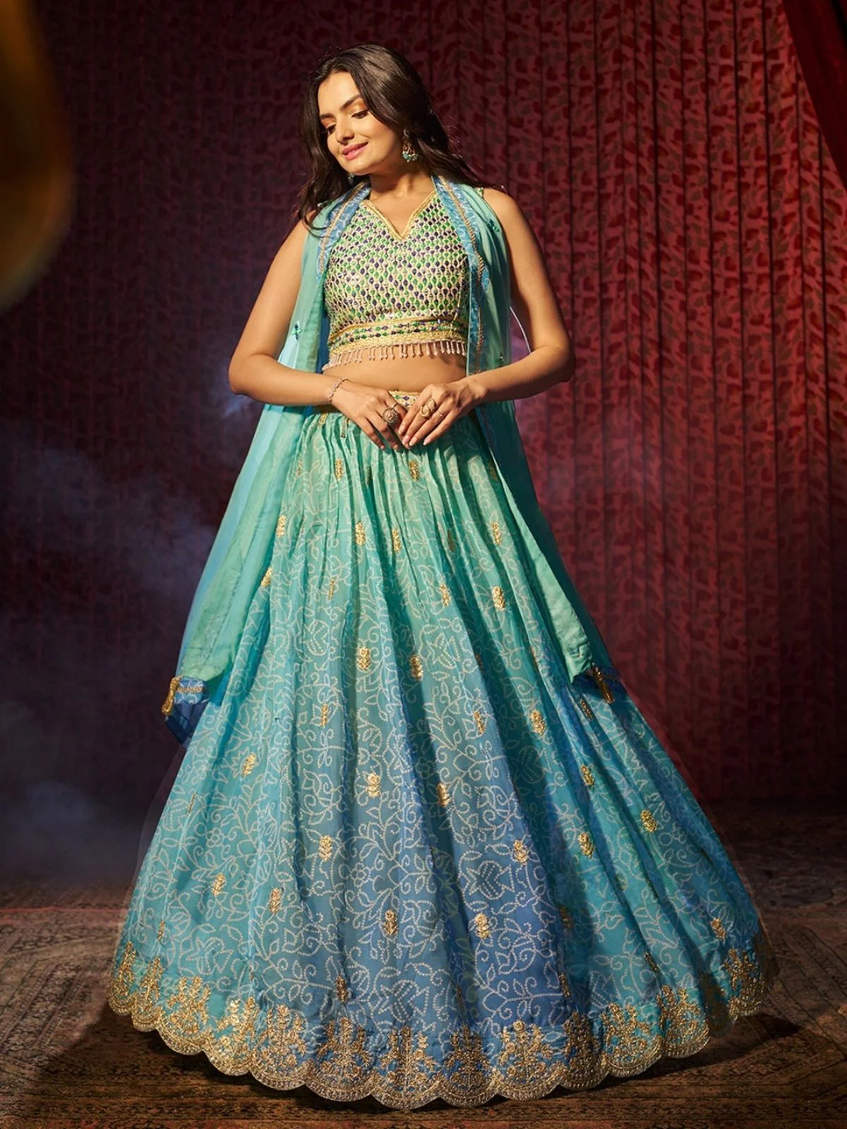 Odette Blue Organza Embroidered Semi-Stitched Lehenga For Women - Image 3