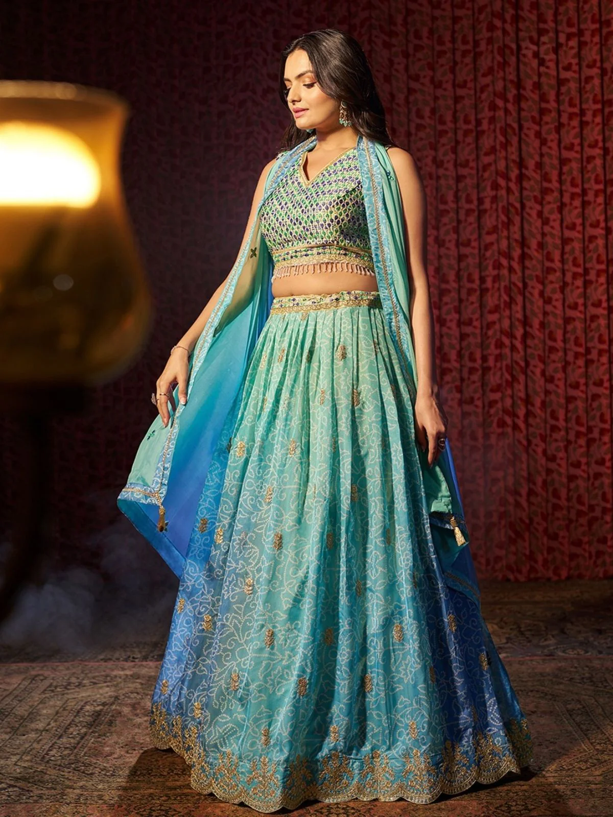 Odette Blue Organza Embroidered Semi-Stitched Lehenga For Women - Image 4