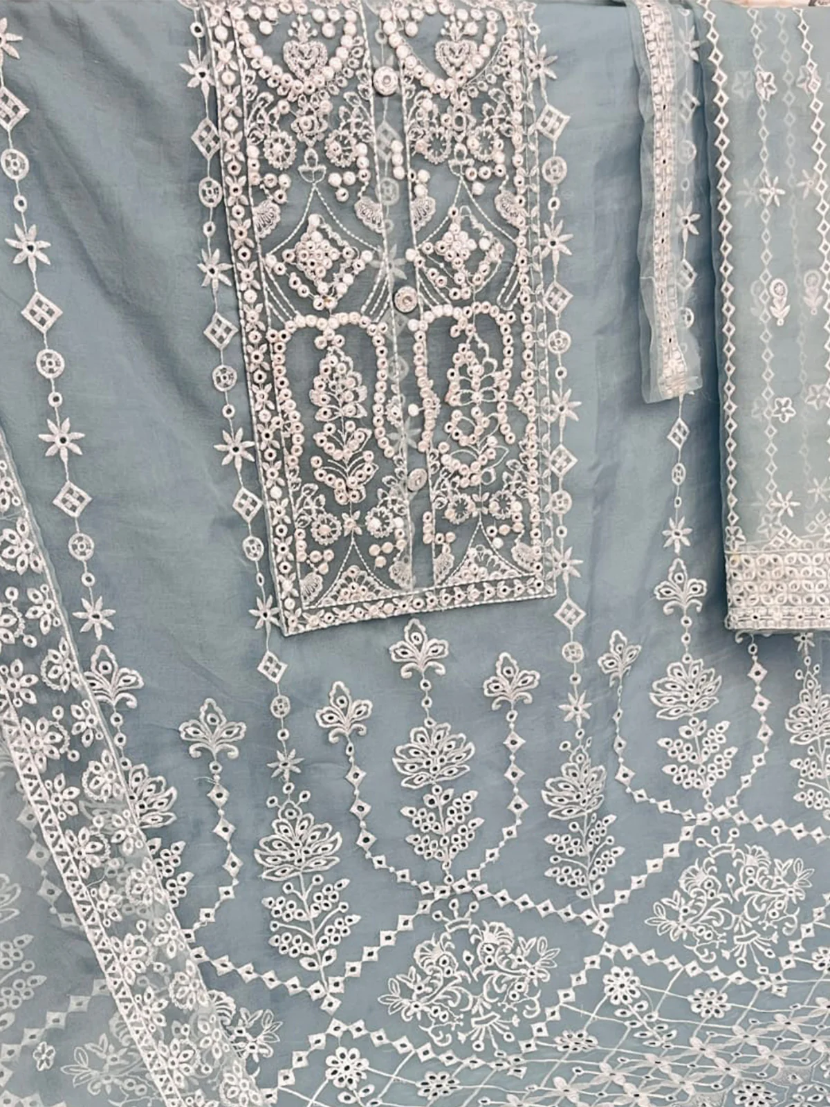 Odette Blue Organza Embroidered Semi Stitched Salwar Suit For Women - Image 3