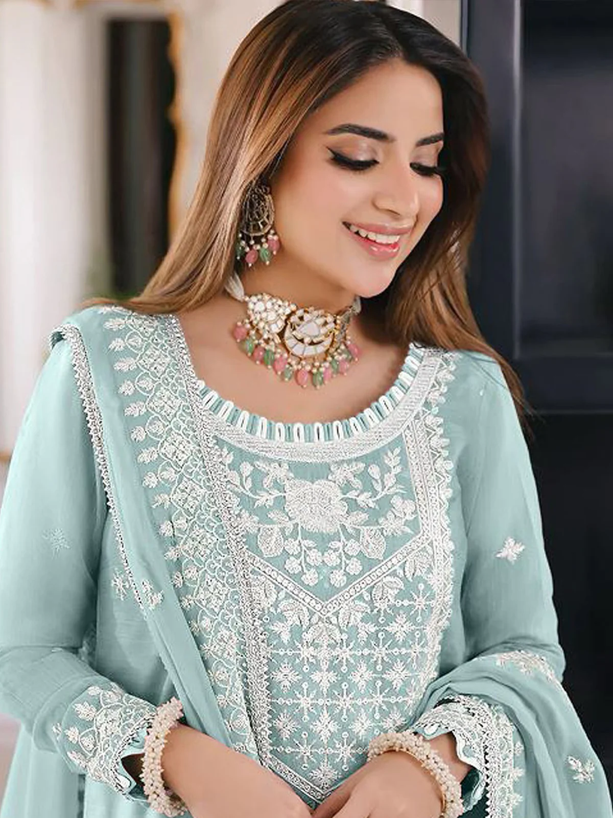 Odette Blue Organza Embroidered Semi Stitched Salwar Suit For Women - Image 2