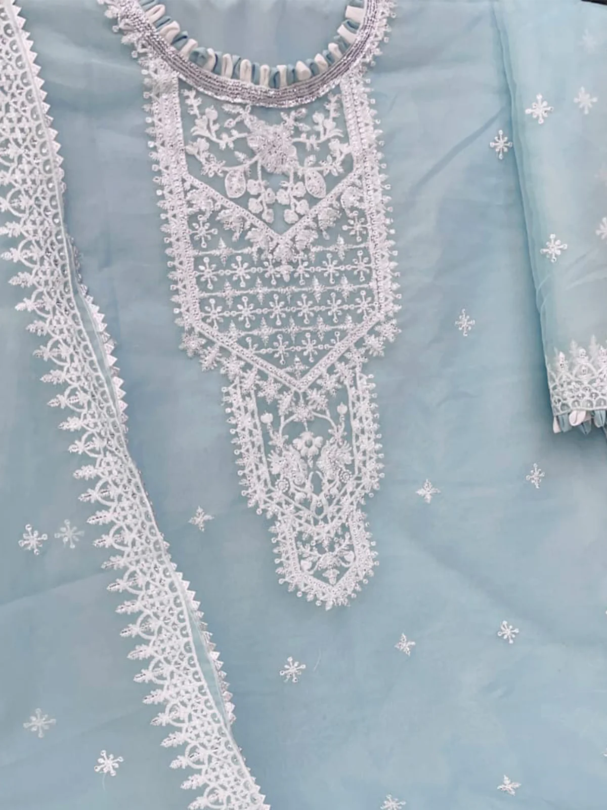 Odette Blue Organza Embroidered Semi Stitched Salwar Suit For Women - Image 3