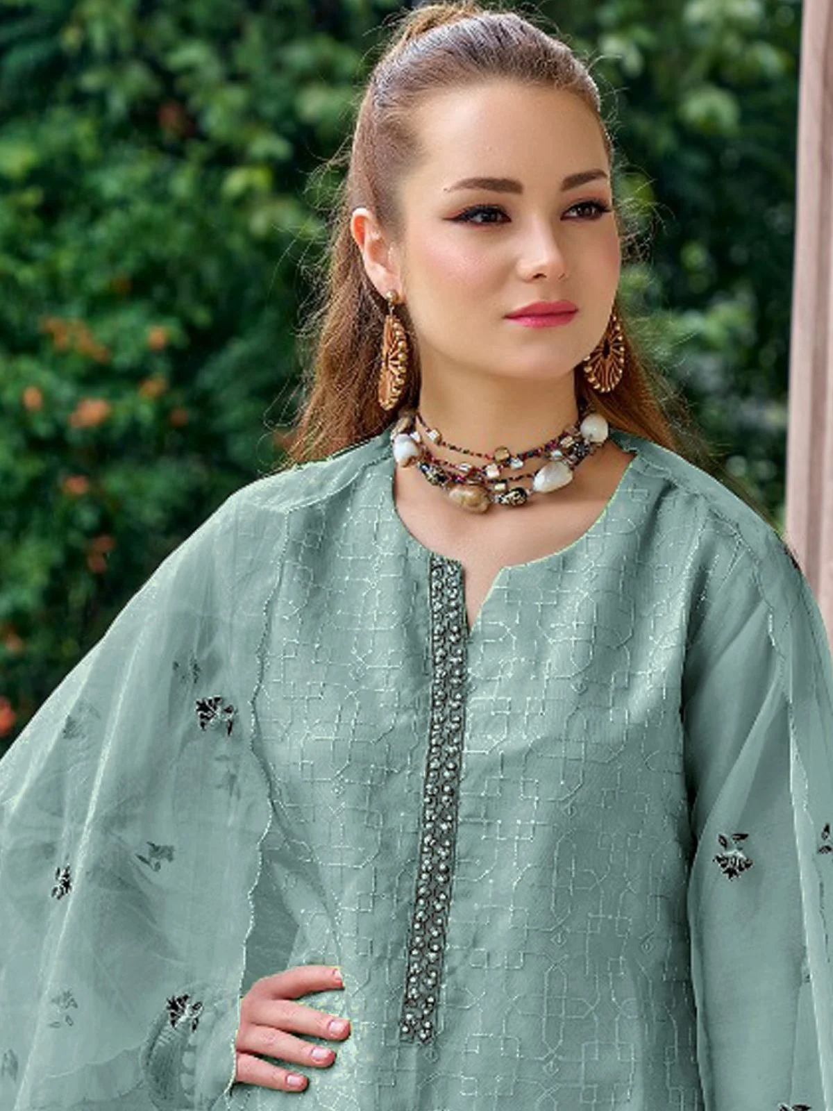 Odette Blue Organza Embroidered Semi-Stitched Kurta Set For Women - Image 2