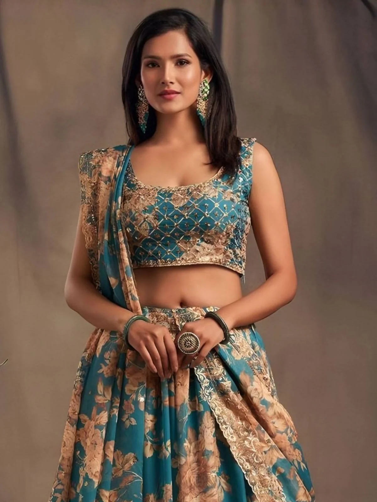 Odette Blue Organza Printed And Embriodered Semi-Stitched Lehenga For Women - Image 3