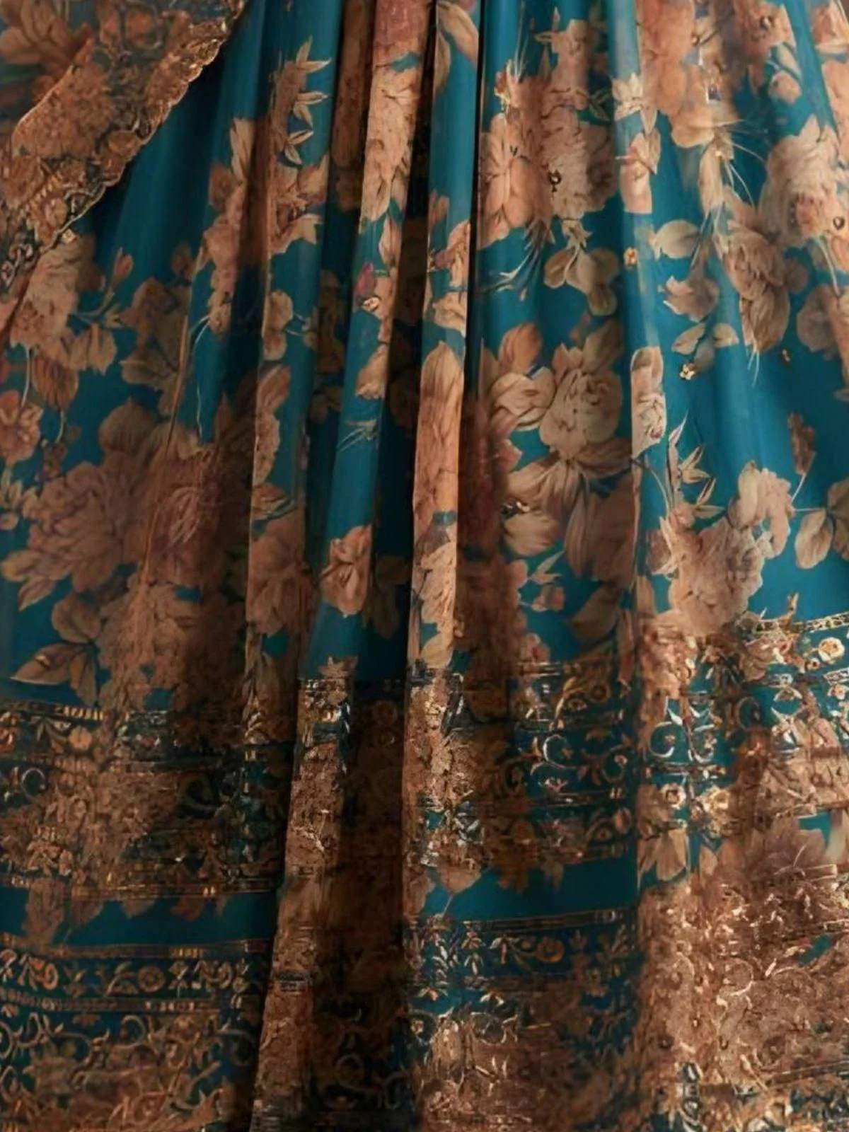 Odette Blue Organza Printed And Embriodered Semi-Stitched Lehenga For Women - Image 4