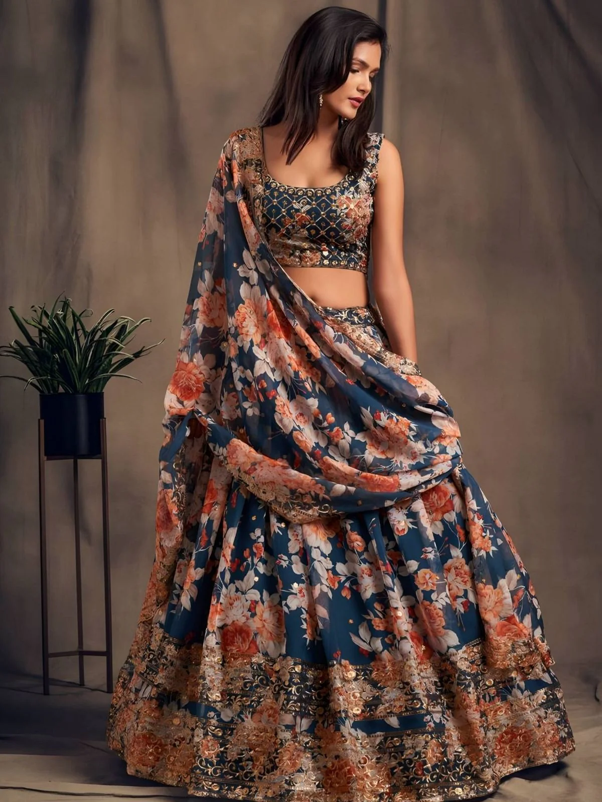 Odette Blue Organza Printed And Embriodered Semi-Stitched Lehenga For Women - Image 3