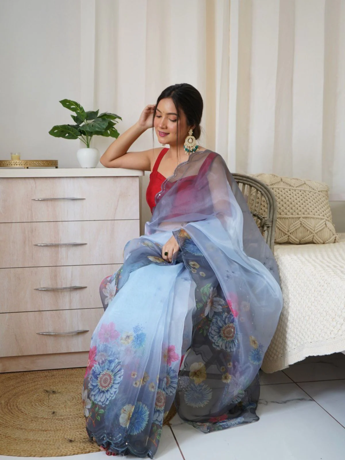 Odette Blue Organza Printed Saree With Unstitched Blouse For Women - Image 2