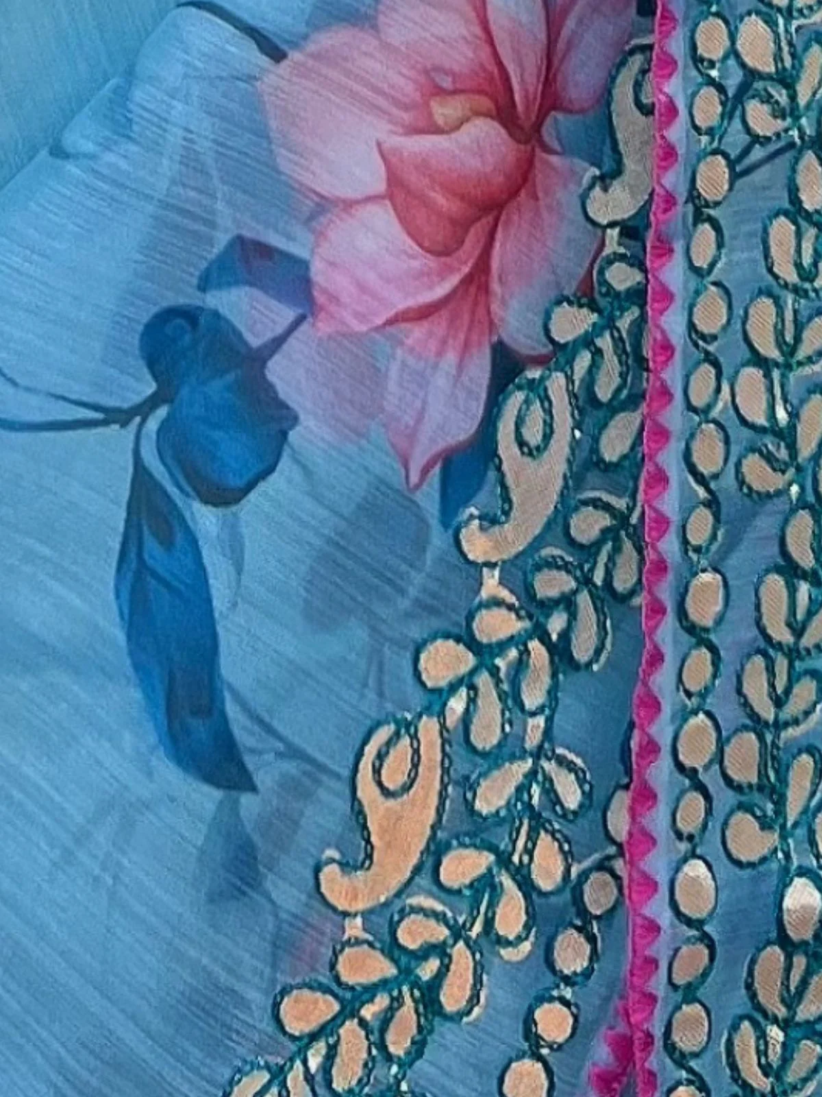 Odette Blue Organza Printed Saree With Unstitched Blouse For Women - Image 6