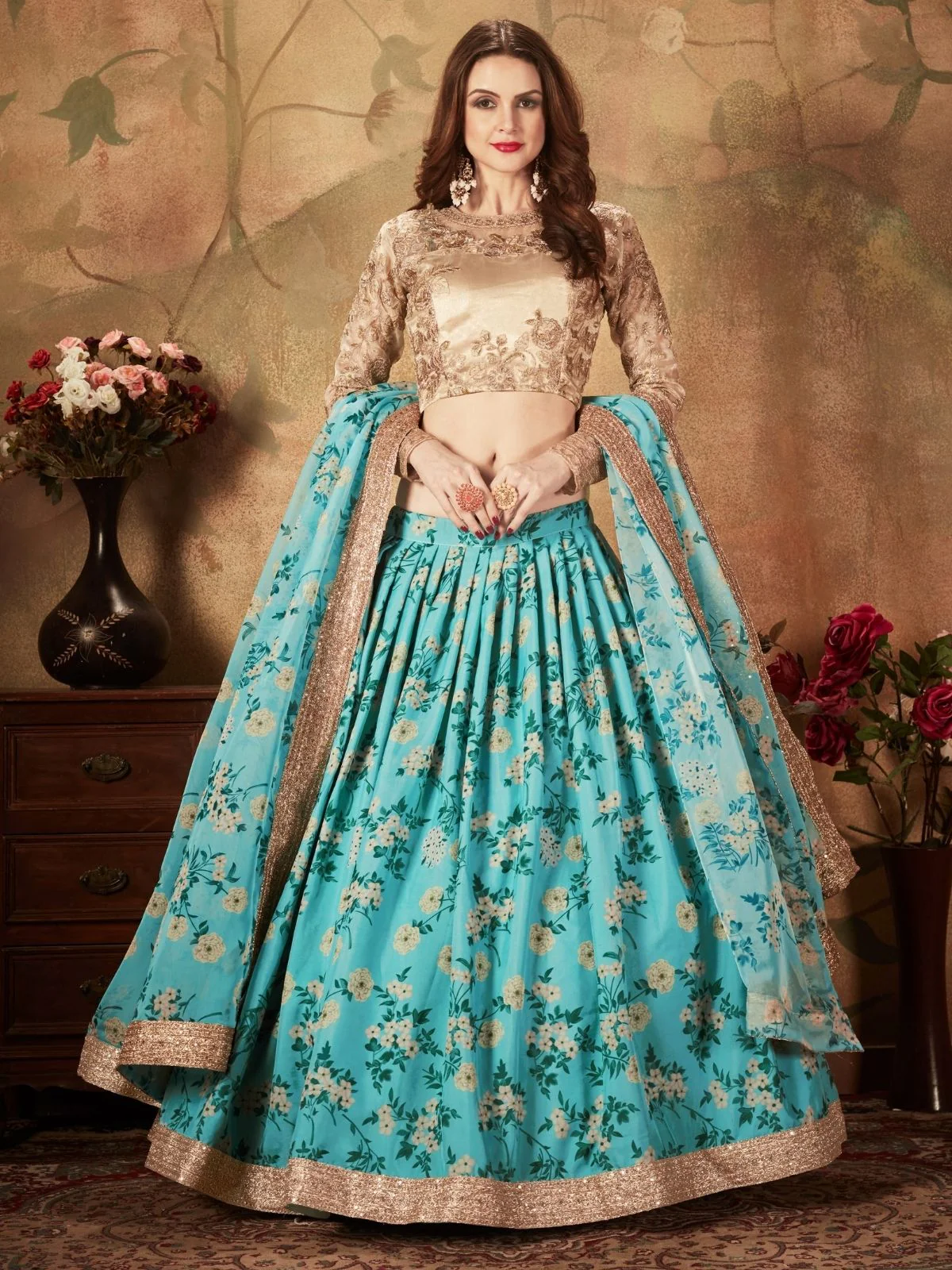 Odette Blue Organza Printed Semi Stitched Lehenga With Unstitched Blouse For Women - Image 2