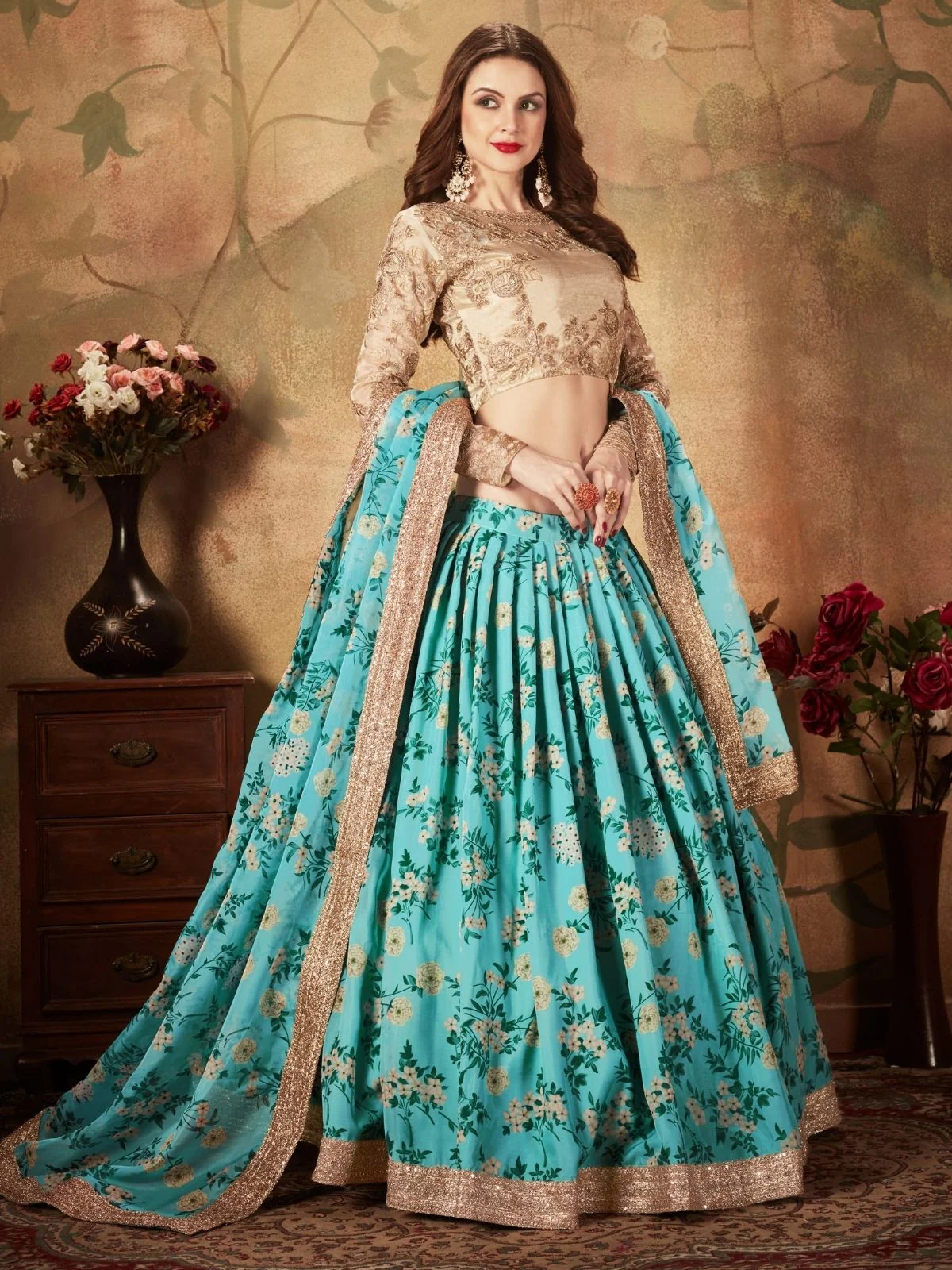 Odette Blue Organza Printed Semi Stitched Lehenga With Unstitched Blouse For Women - Image 3