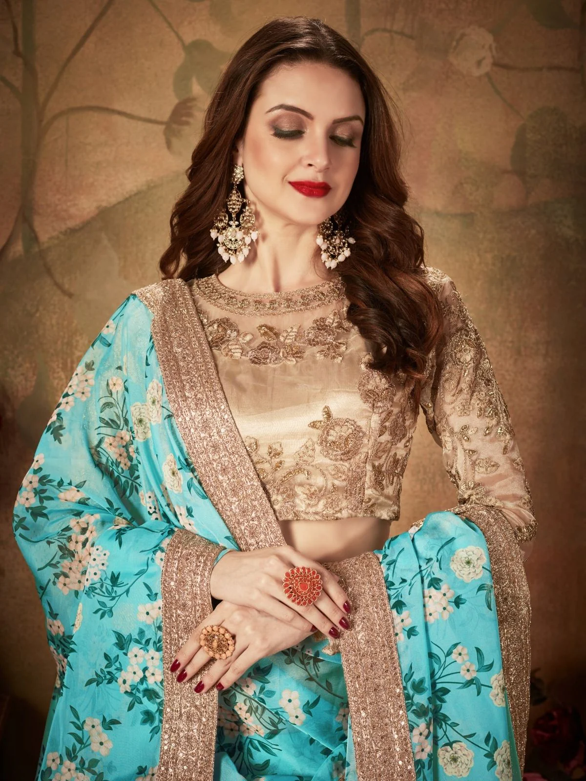 Odette Blue Organza Printed Semi Stitched Lehenga With Unstitched Blouse For Women - Image 5