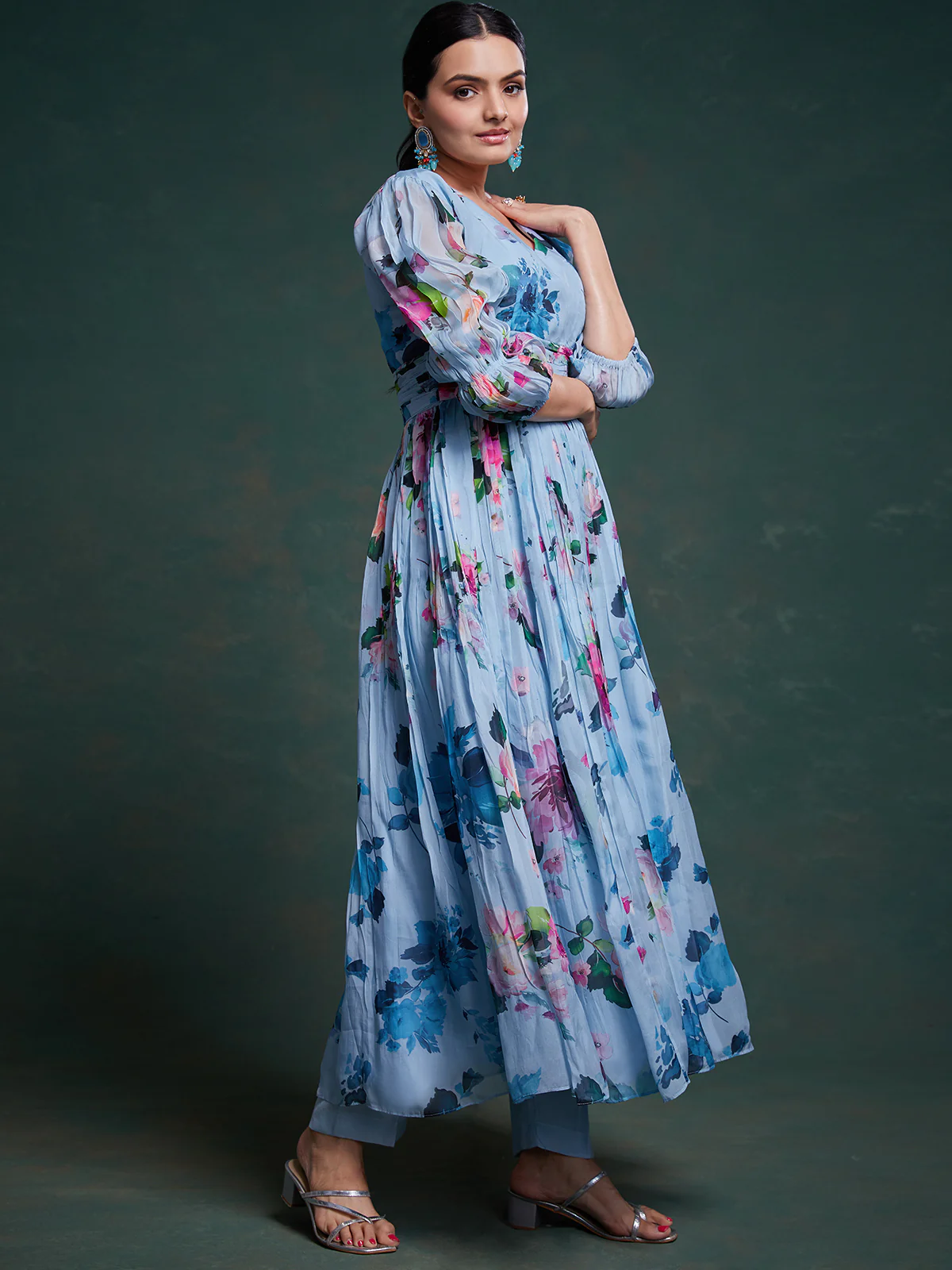 Odette Blue Organza Printed Stitched Salwar Suit Set For Women - Image 3