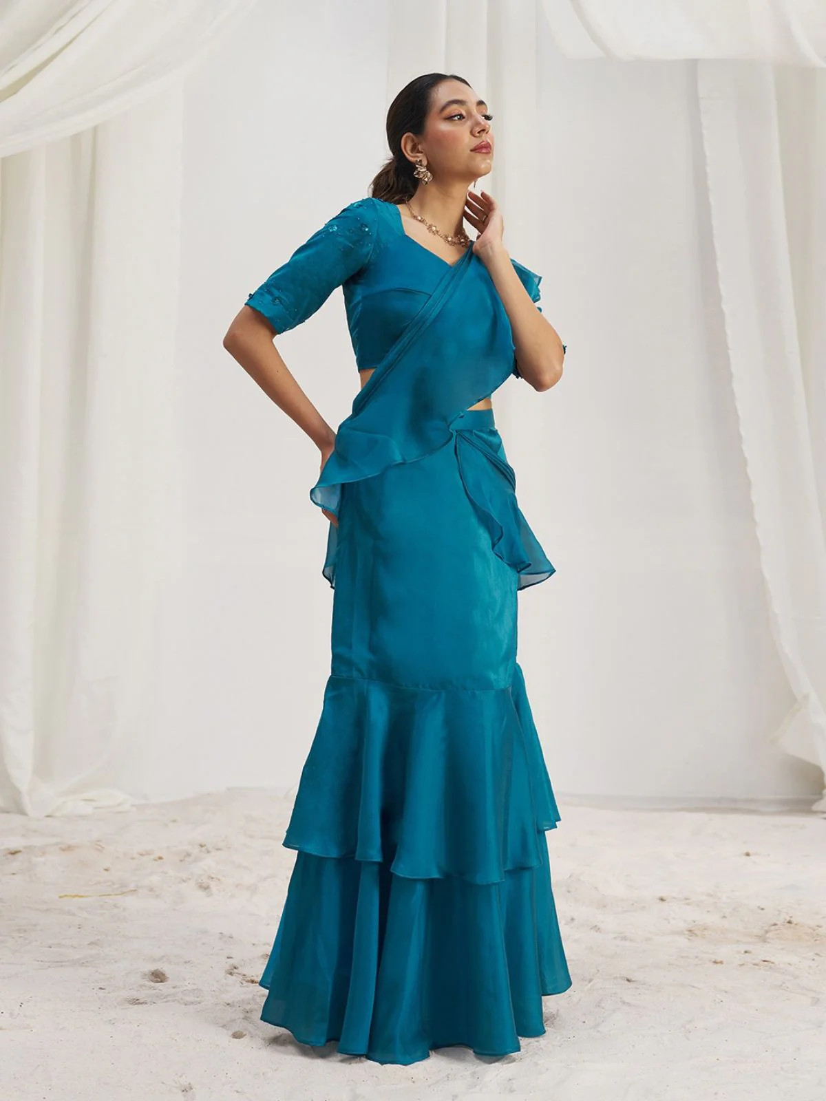 Odette Blue Organza Solid Ready To Wear Saree With Stitched Blouse For Women - Image 3