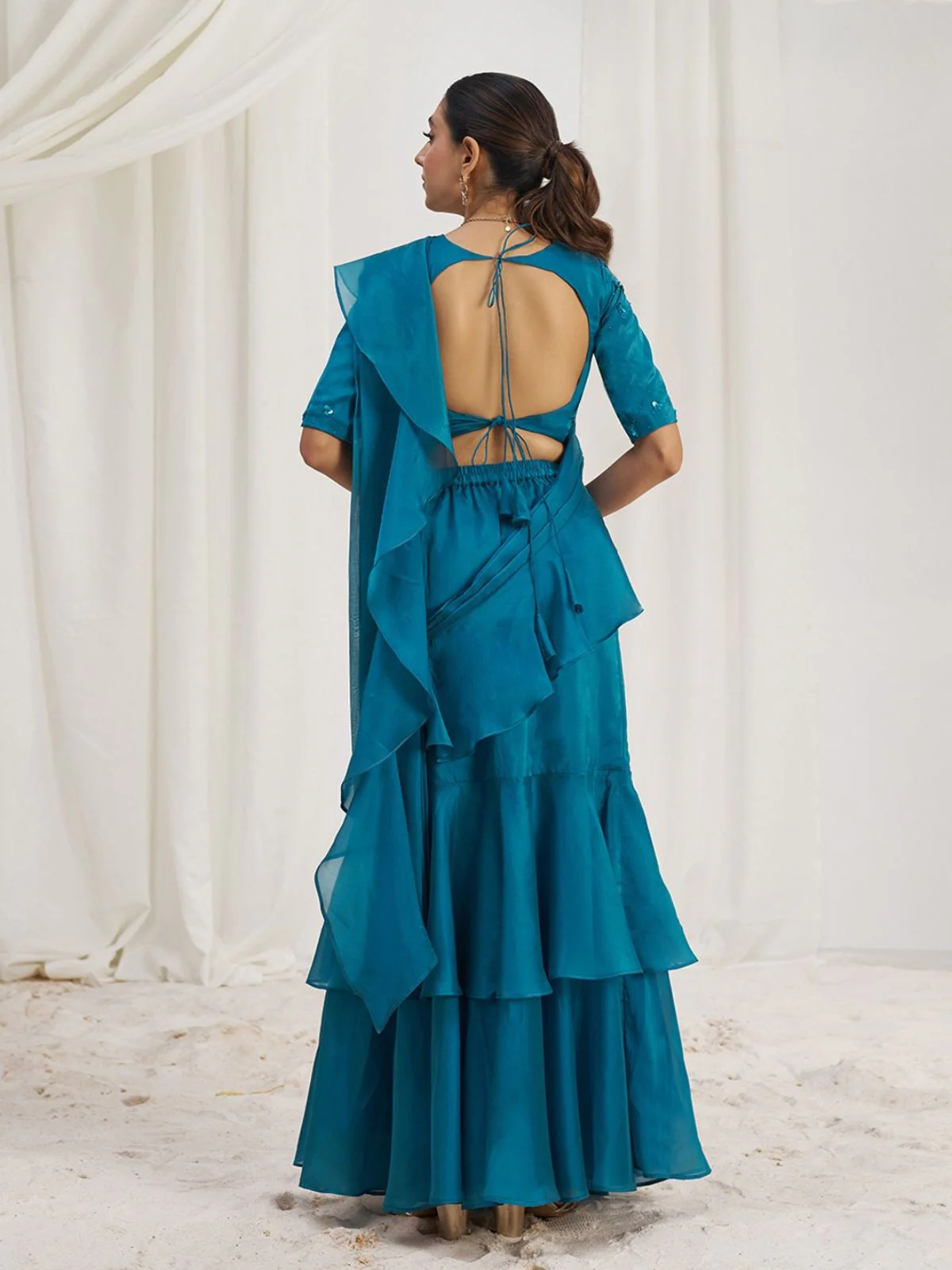 Odette Blue Organza Solid Ready To Wear Saree With Stitched Blouse For Women - Image 5