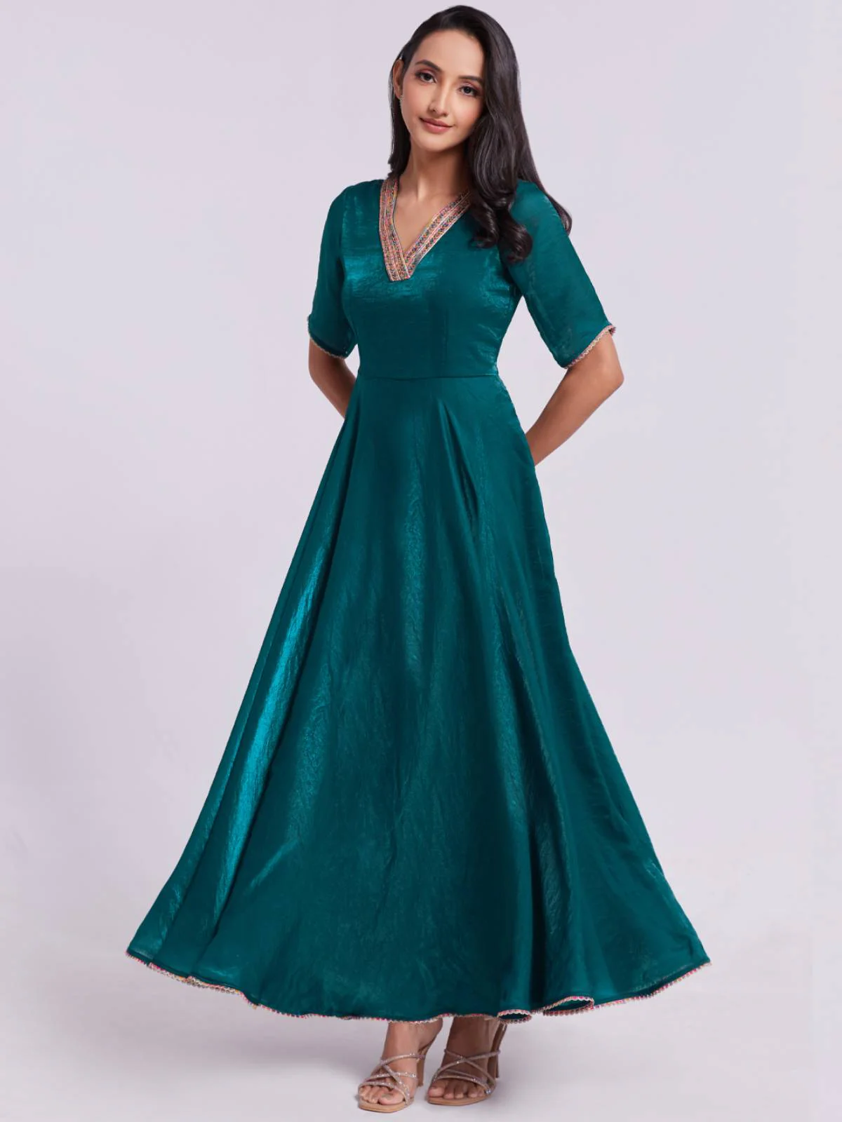 Odette Teal Organza Solid Stitched Gown For Women - Image 2