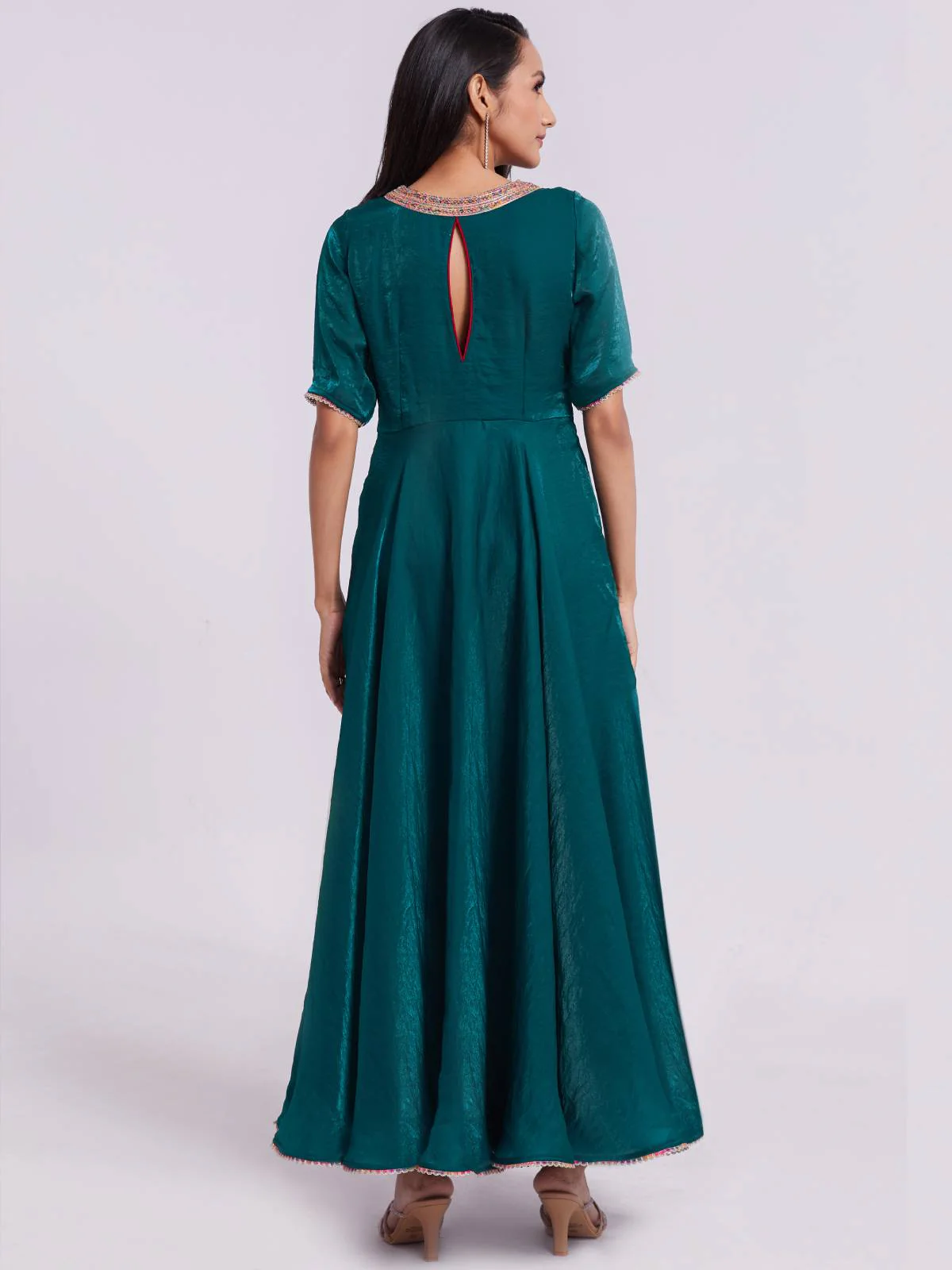 Odette Teal Organza Solid Stitched Gown For Women - Image 6